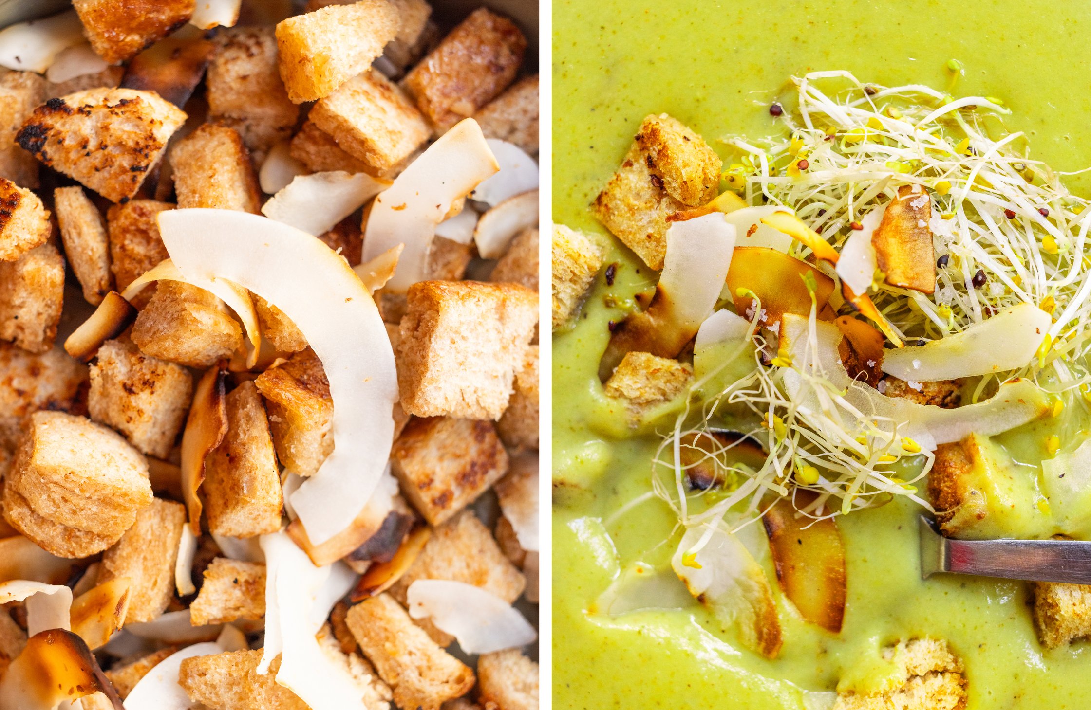 Here are the finished croutons and the served soup.