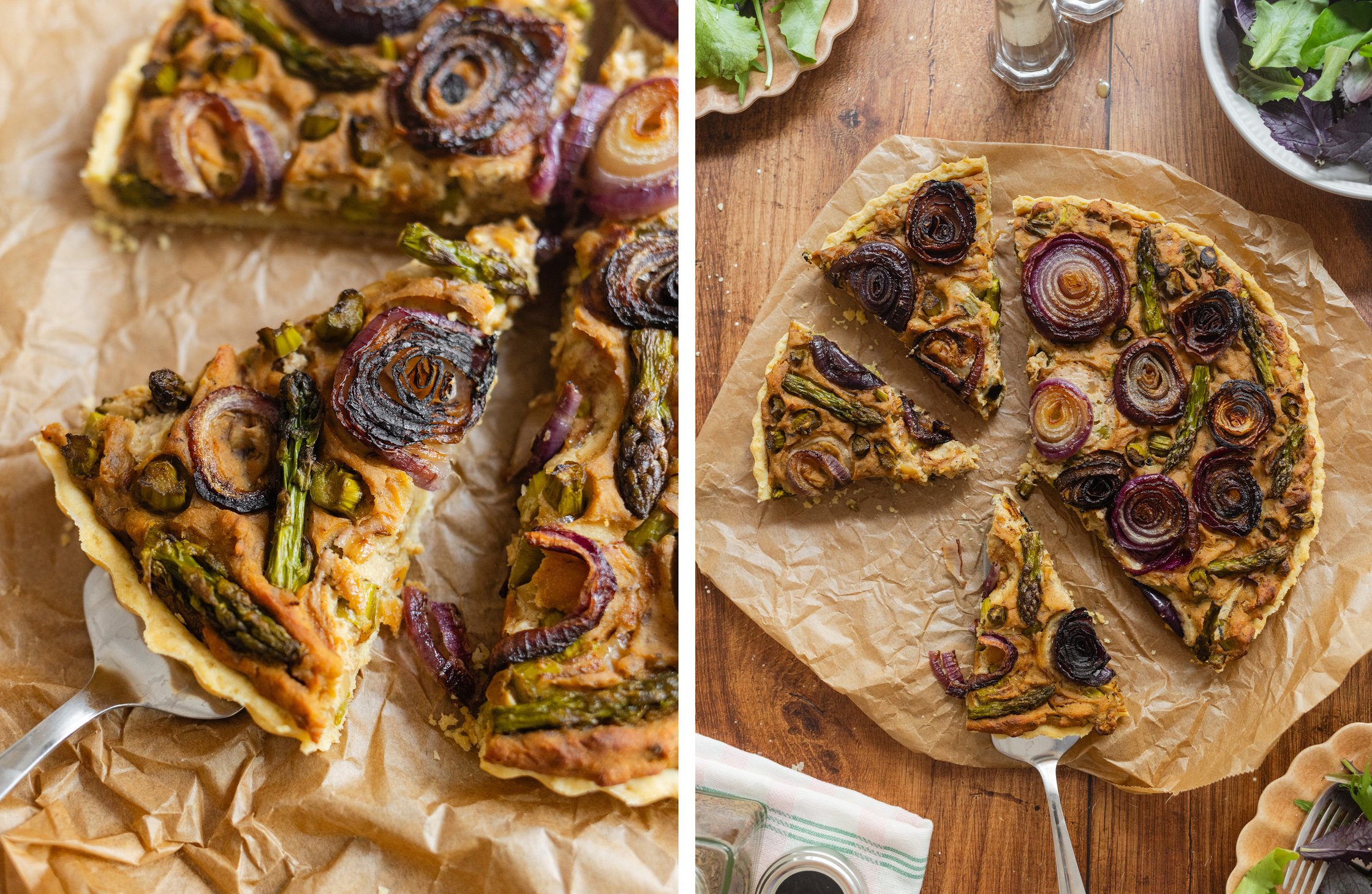 vegan onion quiche with green asparagus cut into pieces