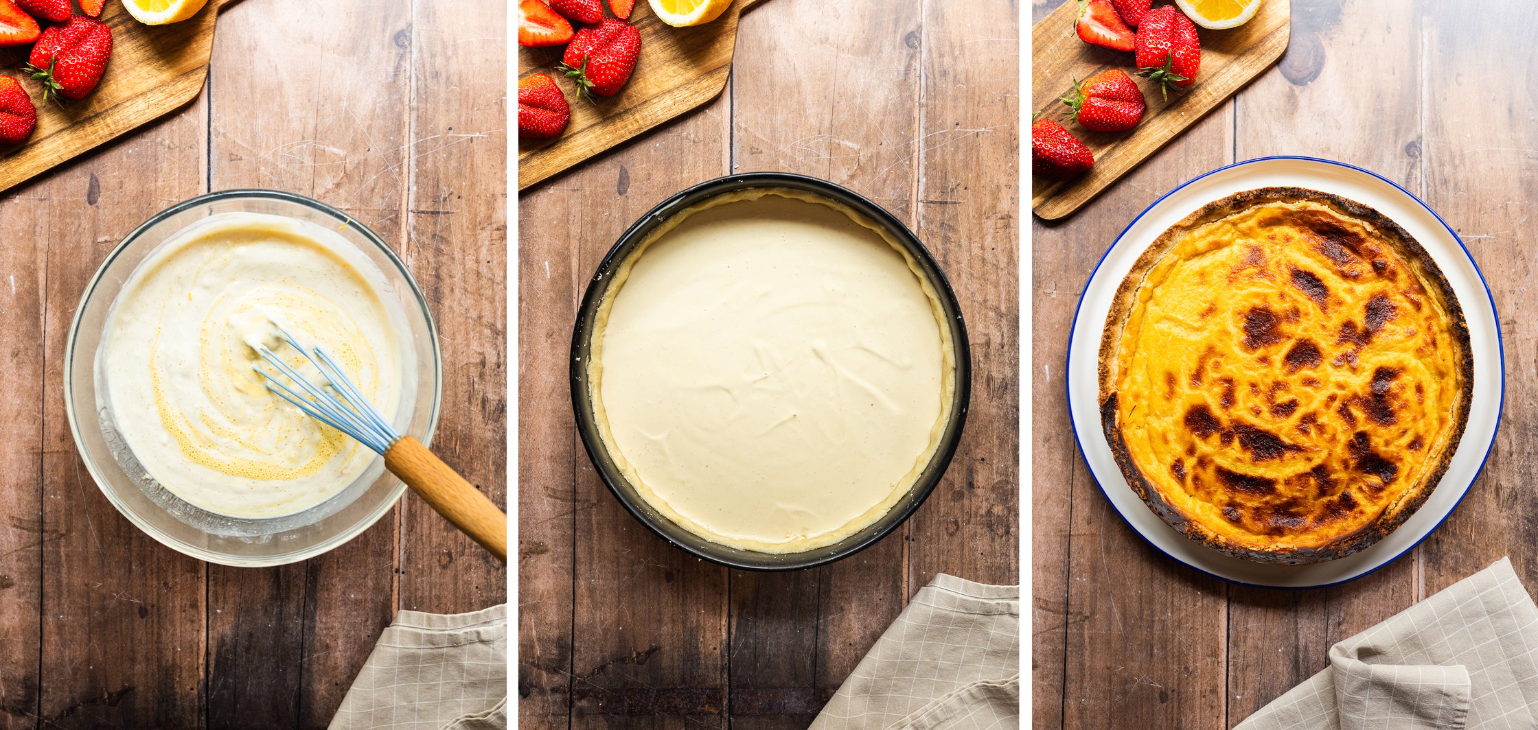 Here the cream for the cheesecake is being mixed and the finished cake can be seen on the right.