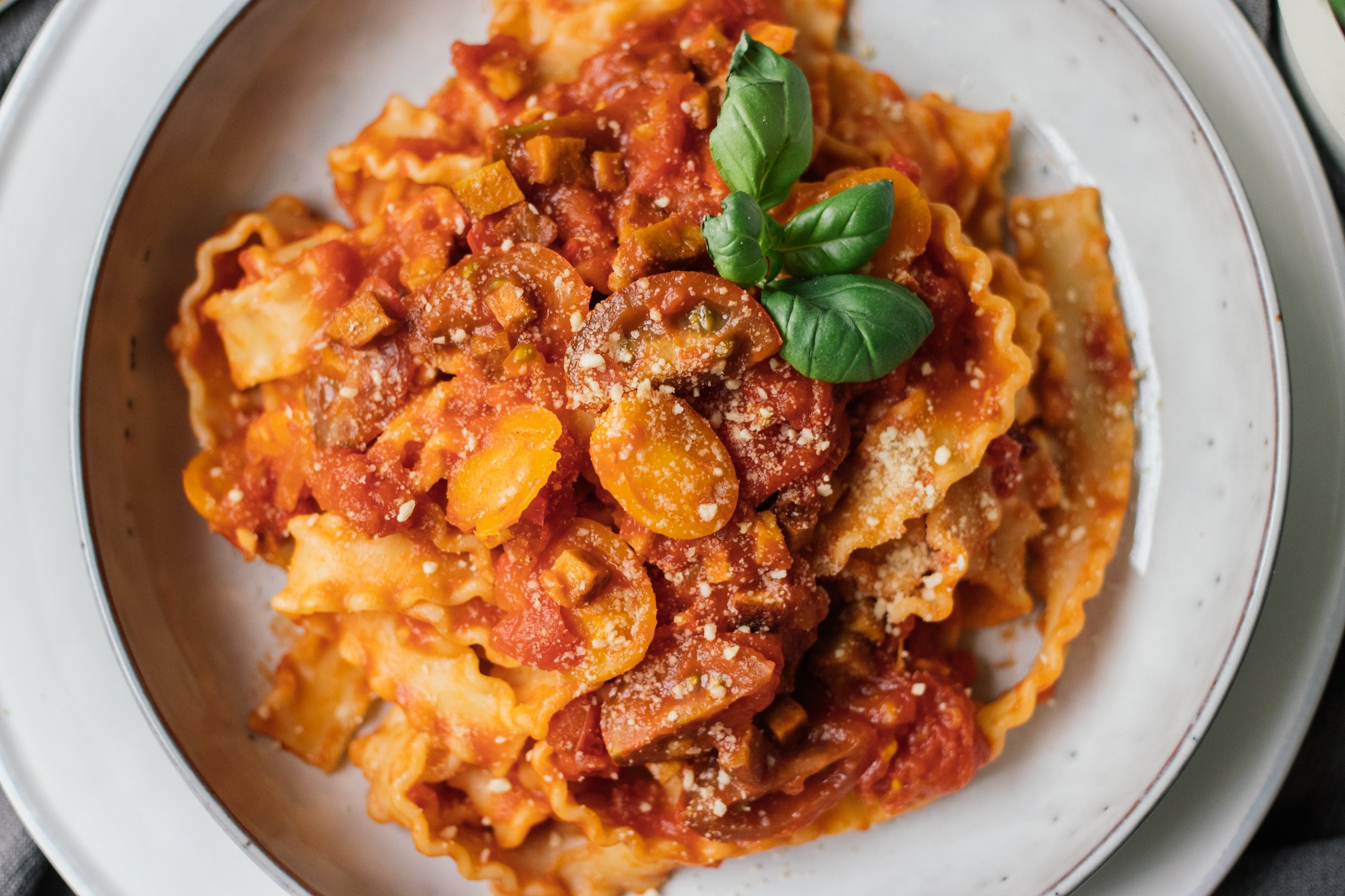 Vegan Pasta All'Amatriciana on the plate