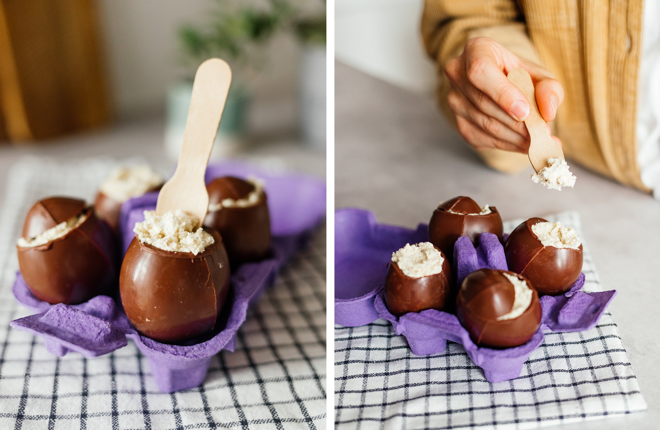 vegan chocolate easter eggs with a cream filling with a little wooden spoon
