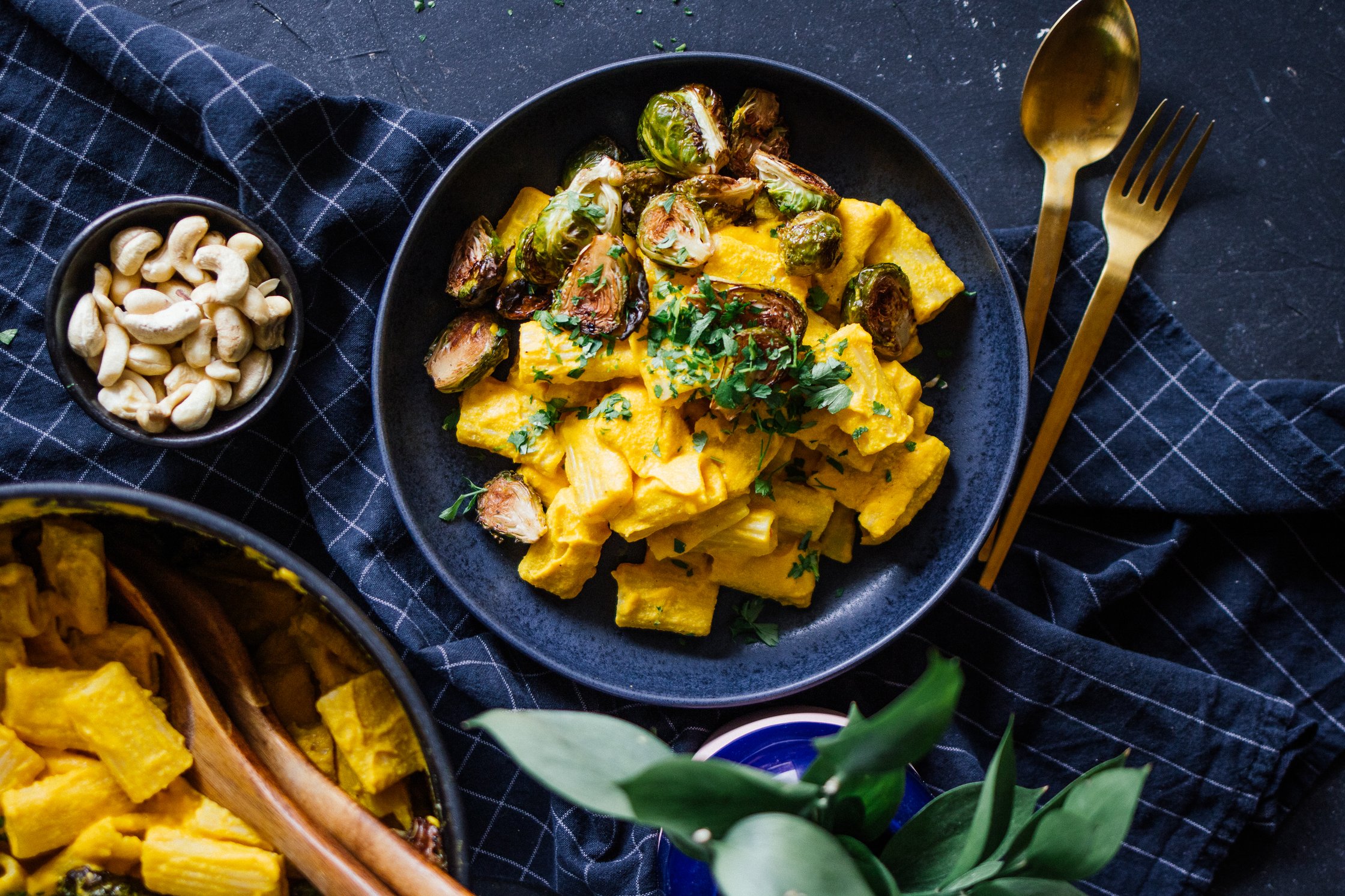 vegan pumpkin pasta with brussels sprouts
