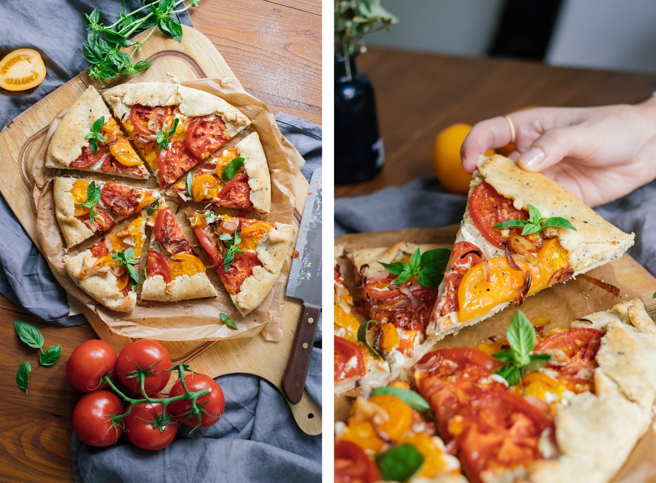 eine hand nimmt ein stück tomatengalette