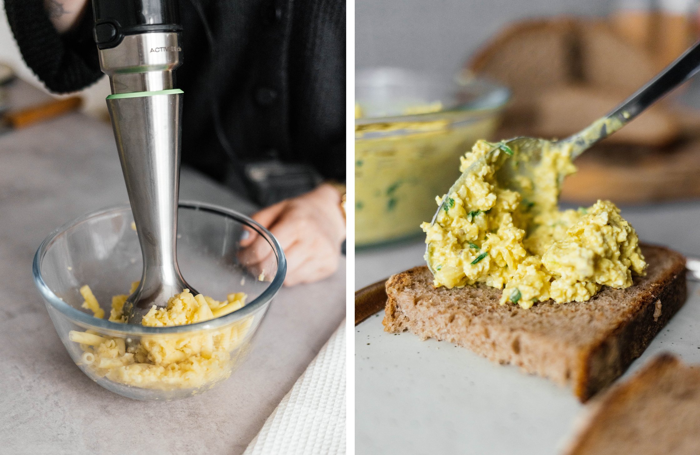 blending pasta; spreading vegan egg salad on bread