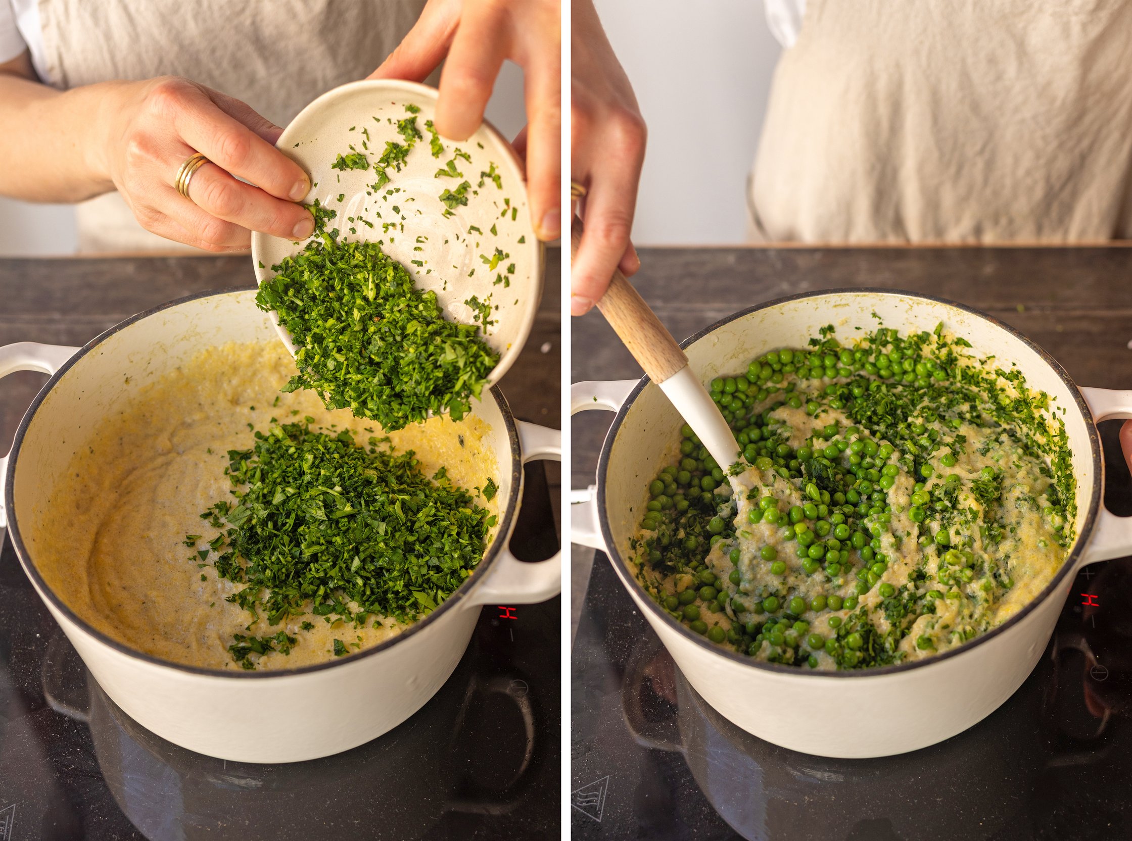 petersilie und erbsen zu veganer polenta geben und verrühren