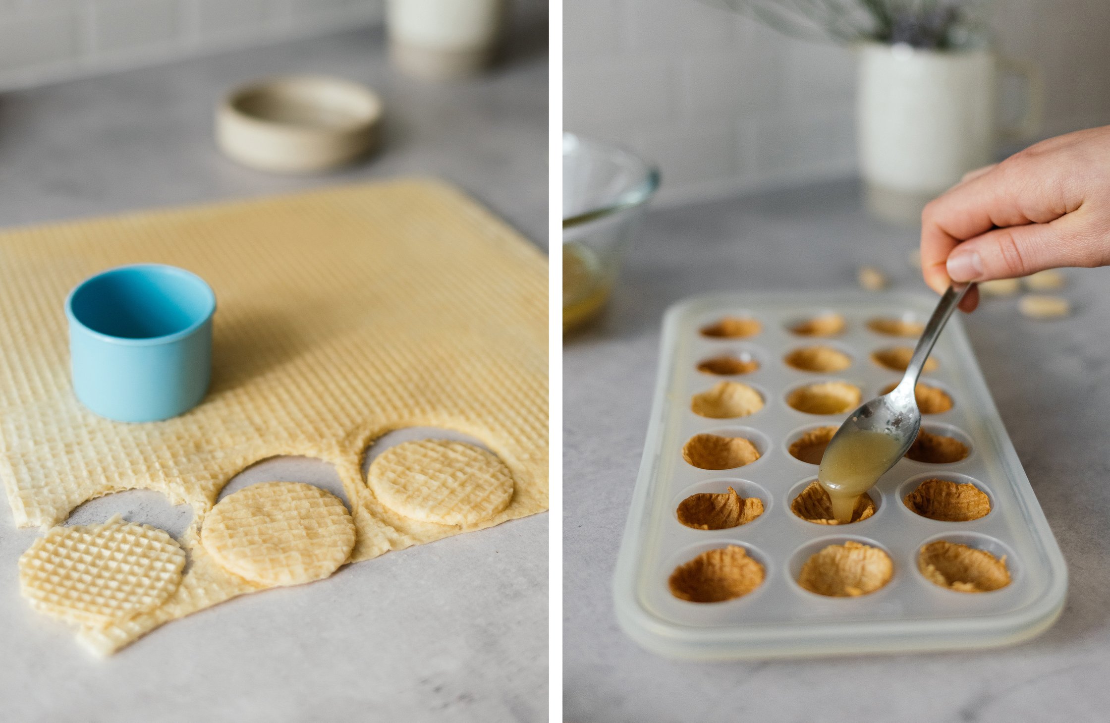 aus Waffelplatten Kreise ausstechen; Waffelhälften mit Creme füllen