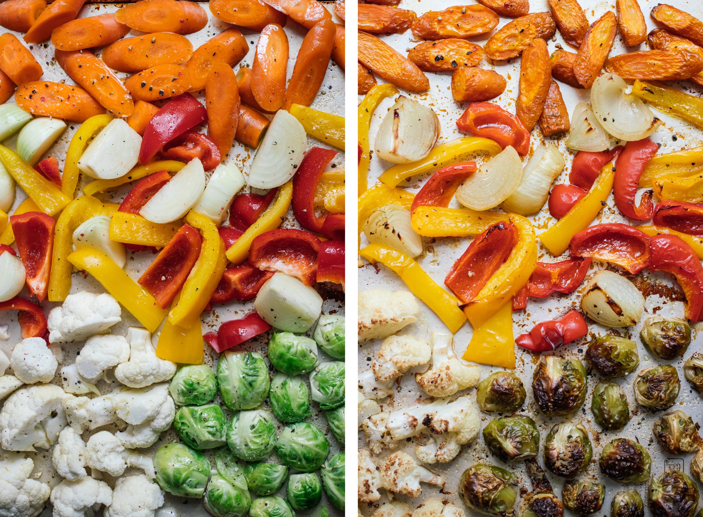 oven roasted vegetables before and after baking