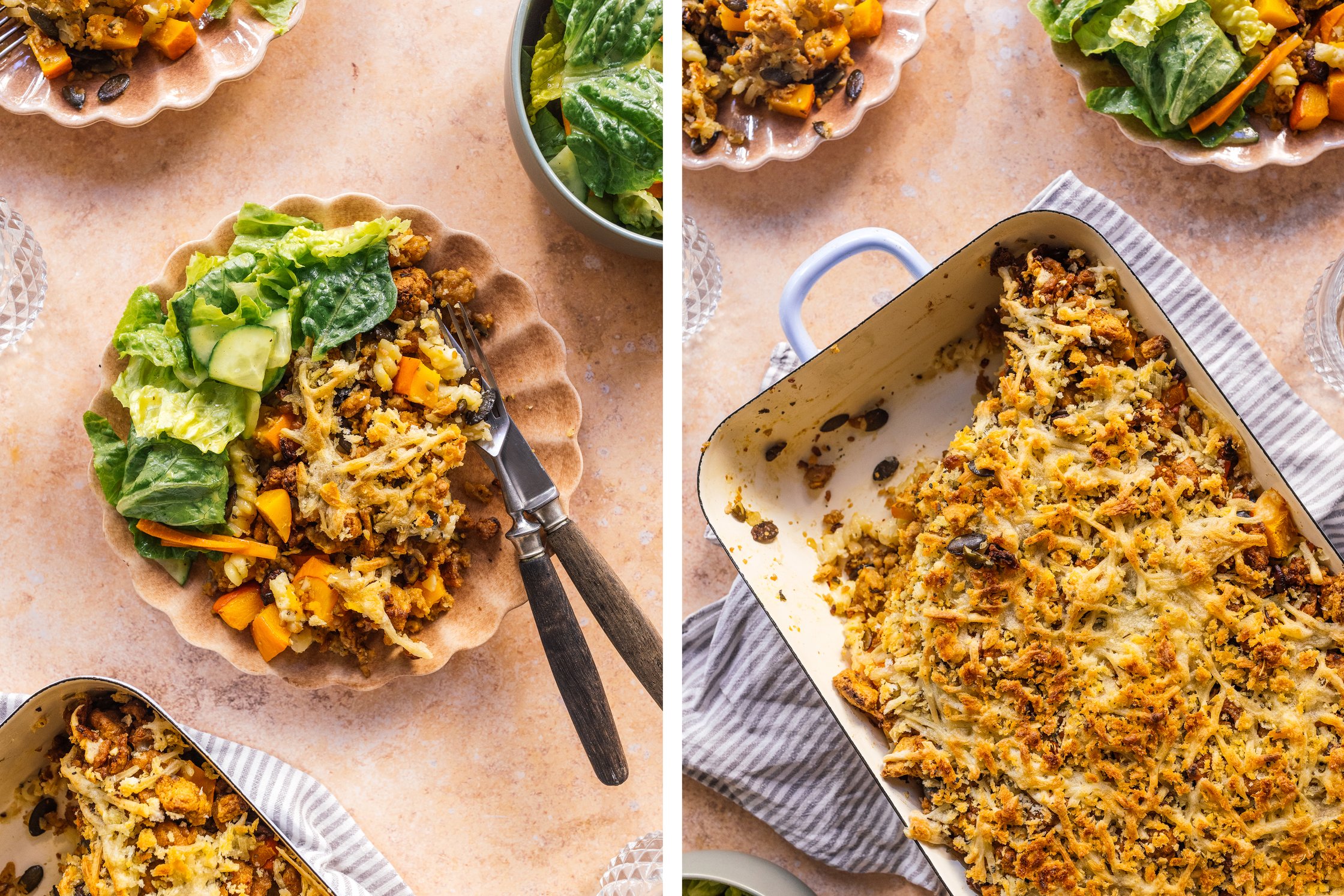 vegan casserole with pumpkin and pasta on a small plate