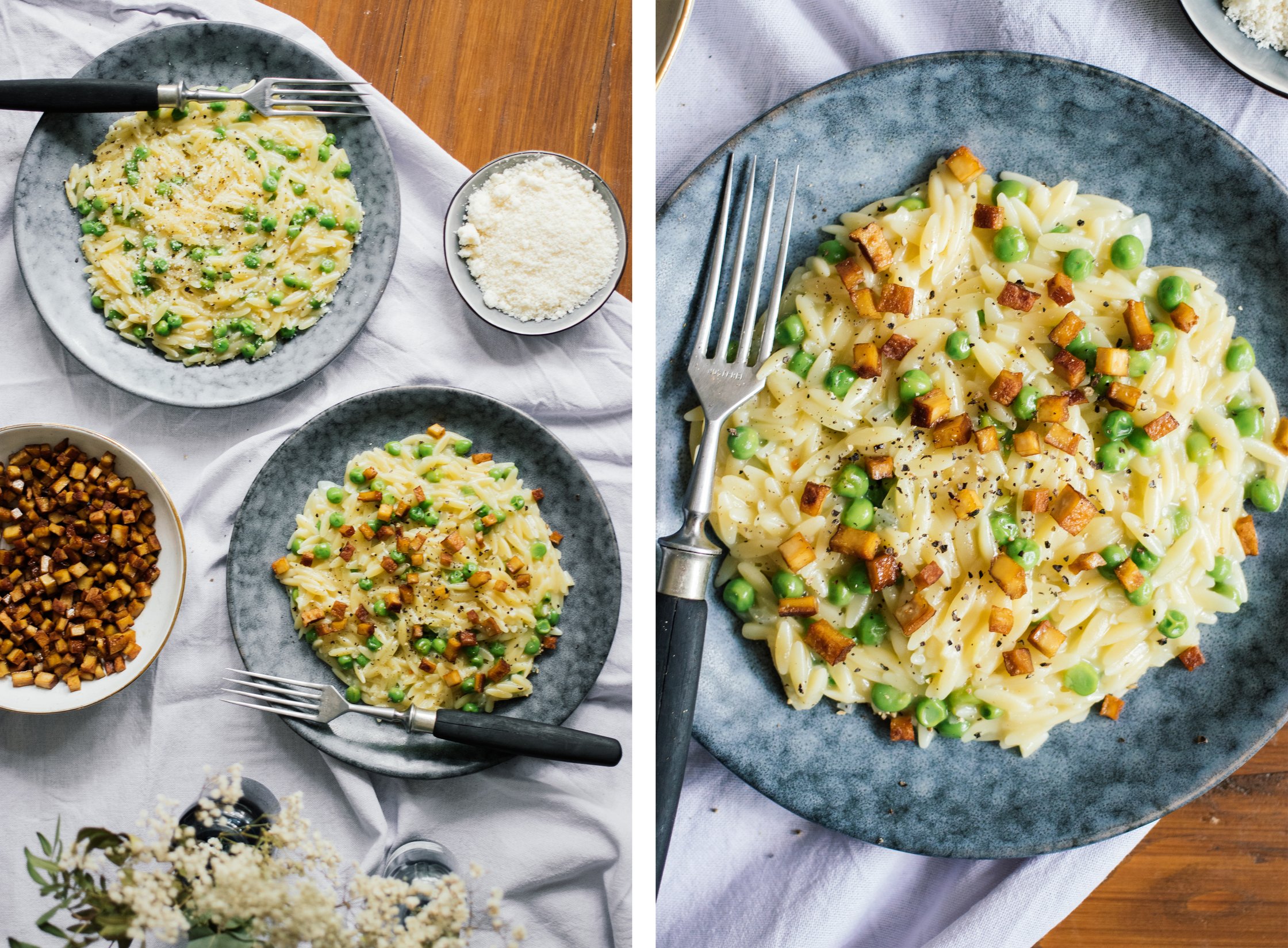 Veganes Orzotto mit Erbsen und Räuchertofu angerichtet auf dem tisch
