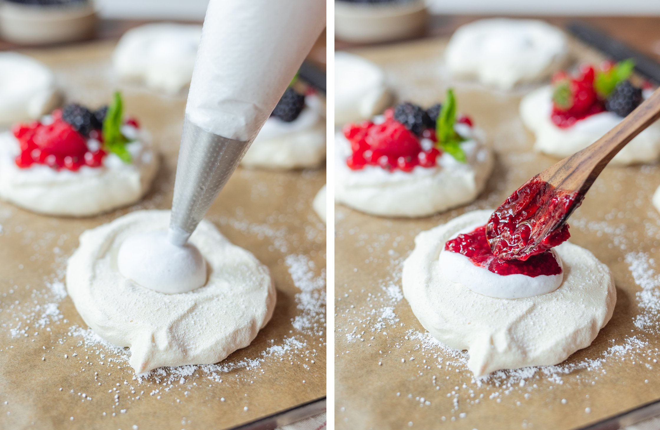 Baiser mit Sahne und Beeren toppen