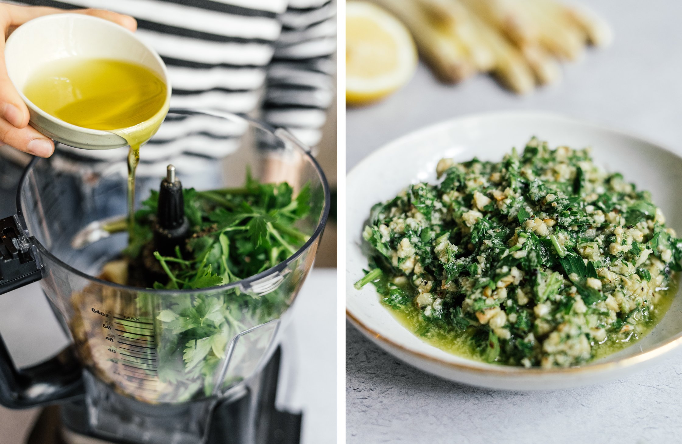mixing hazelnut parsley topping