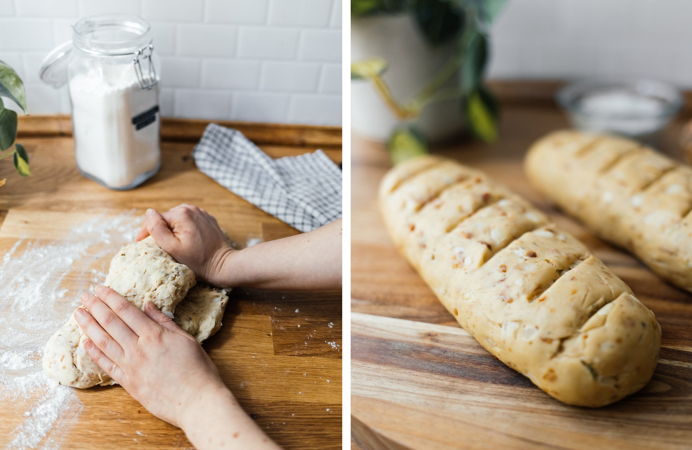 kneading dough; vegan onion bread unbaked