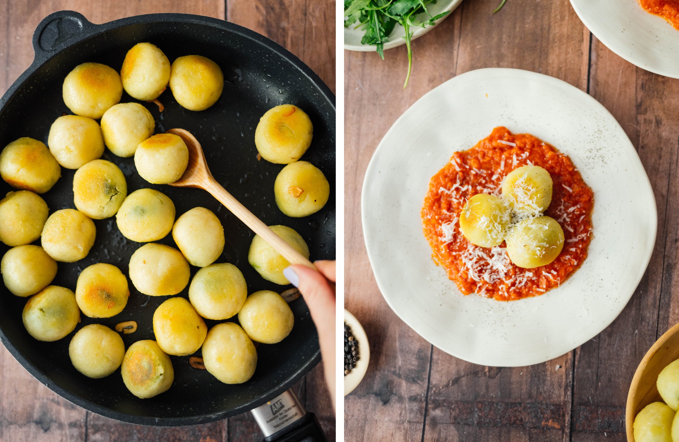 vegan gnocchi sautéed in a pan; vegan stuffed gnocchi on tomato sauce with vegan parmesan cheese