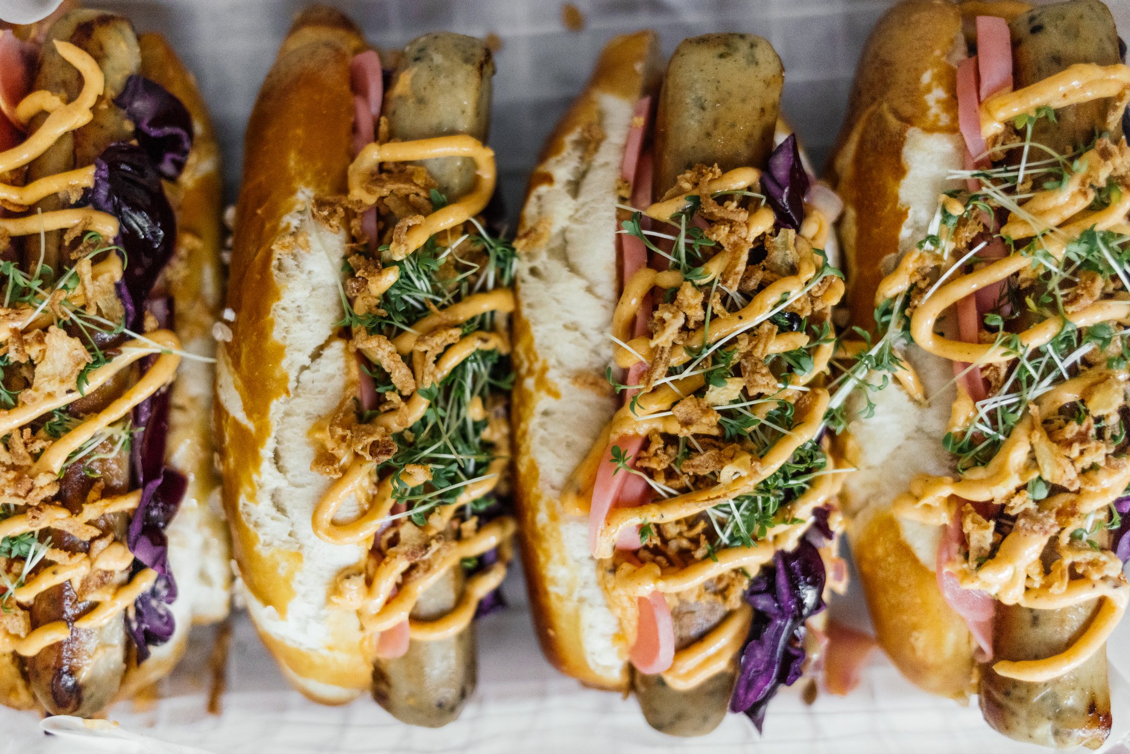 close up of vegan bavarian styled hot dogs