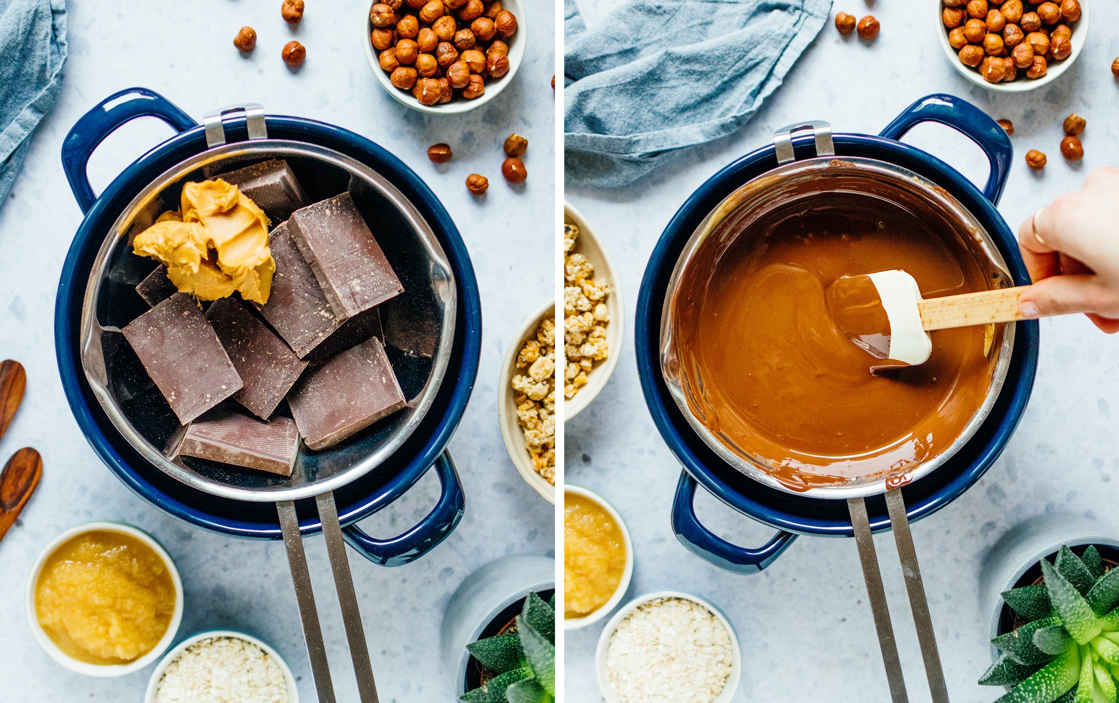 Schokoladen und Erdnussbutter im Wasserbad