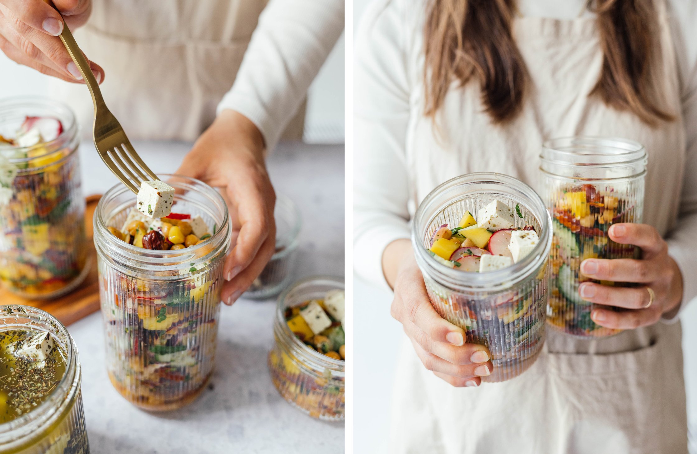 summer chickpea salad with vegan “feta heese“ filled in tall glasses