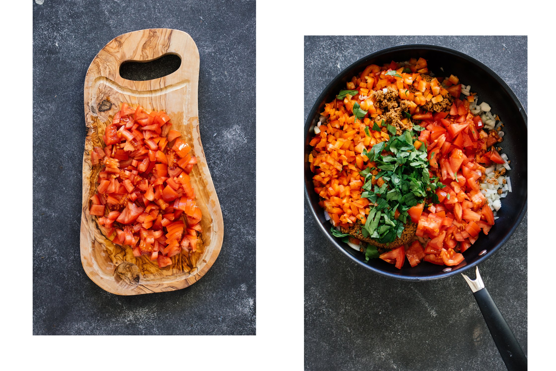 vegan minced meat, tomatoes and bell pepper in a pan