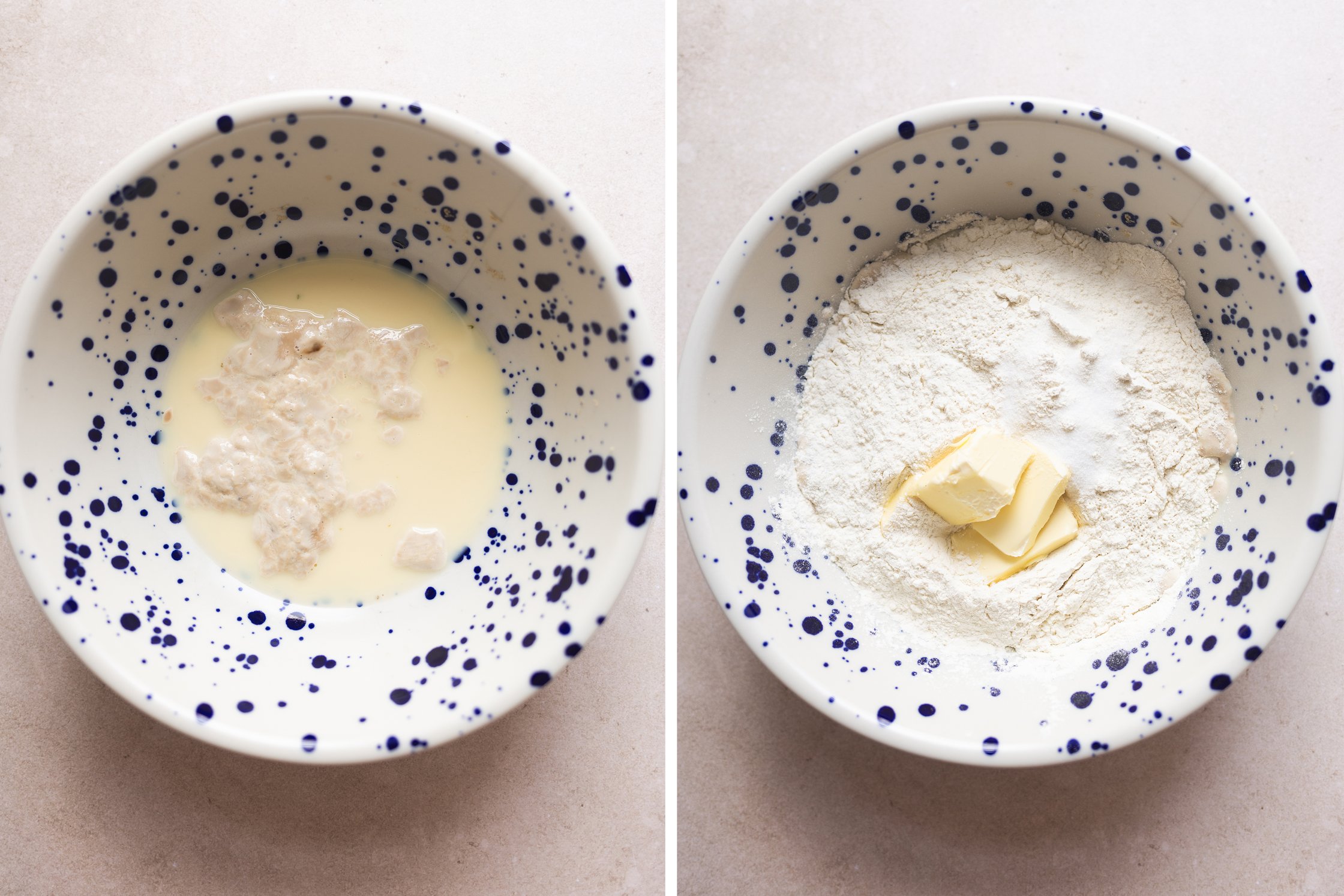 Hefe, Milch, Butter, Mehl und Zucker und Salz werden nacheinander in eine weiße Schale mit blauen Punkten gegeben.