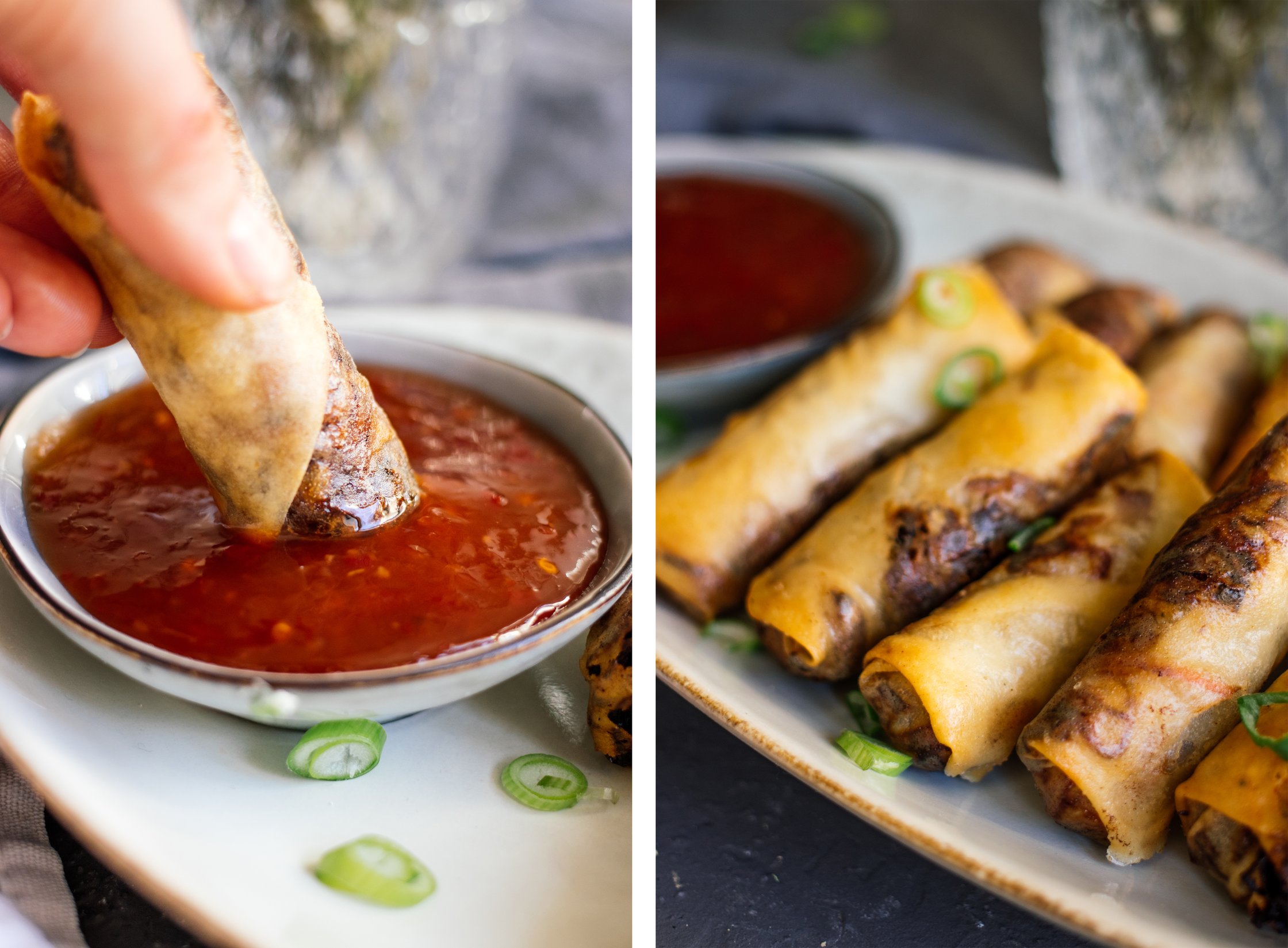 vegane frühlingsrollen in dip tunken