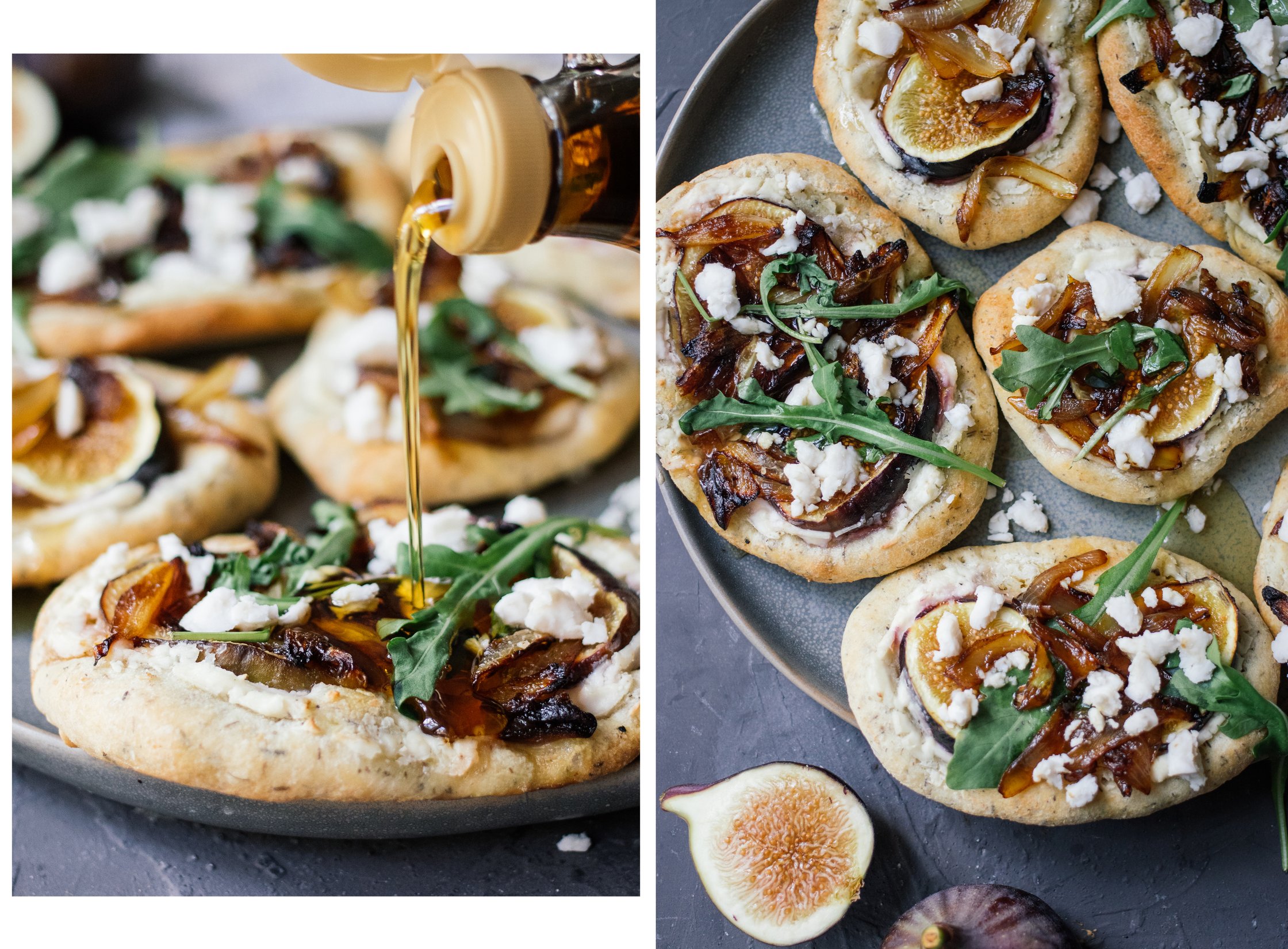 ahornsirup auf vegane flatbread minipizza träufeln