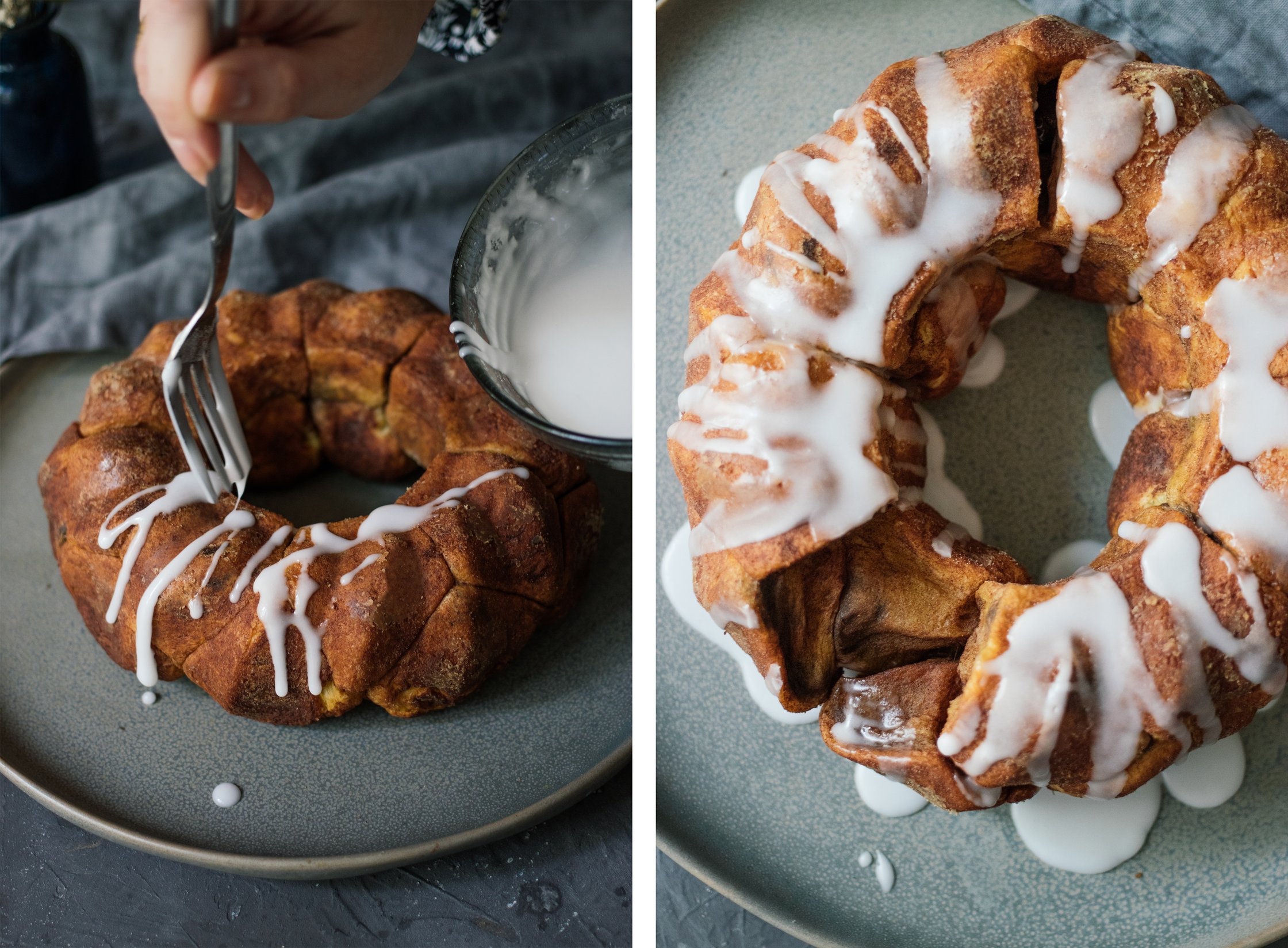 Veganes Croissant Monkeybread mit Schokoladenfüllung wird mit glasur beträufelt