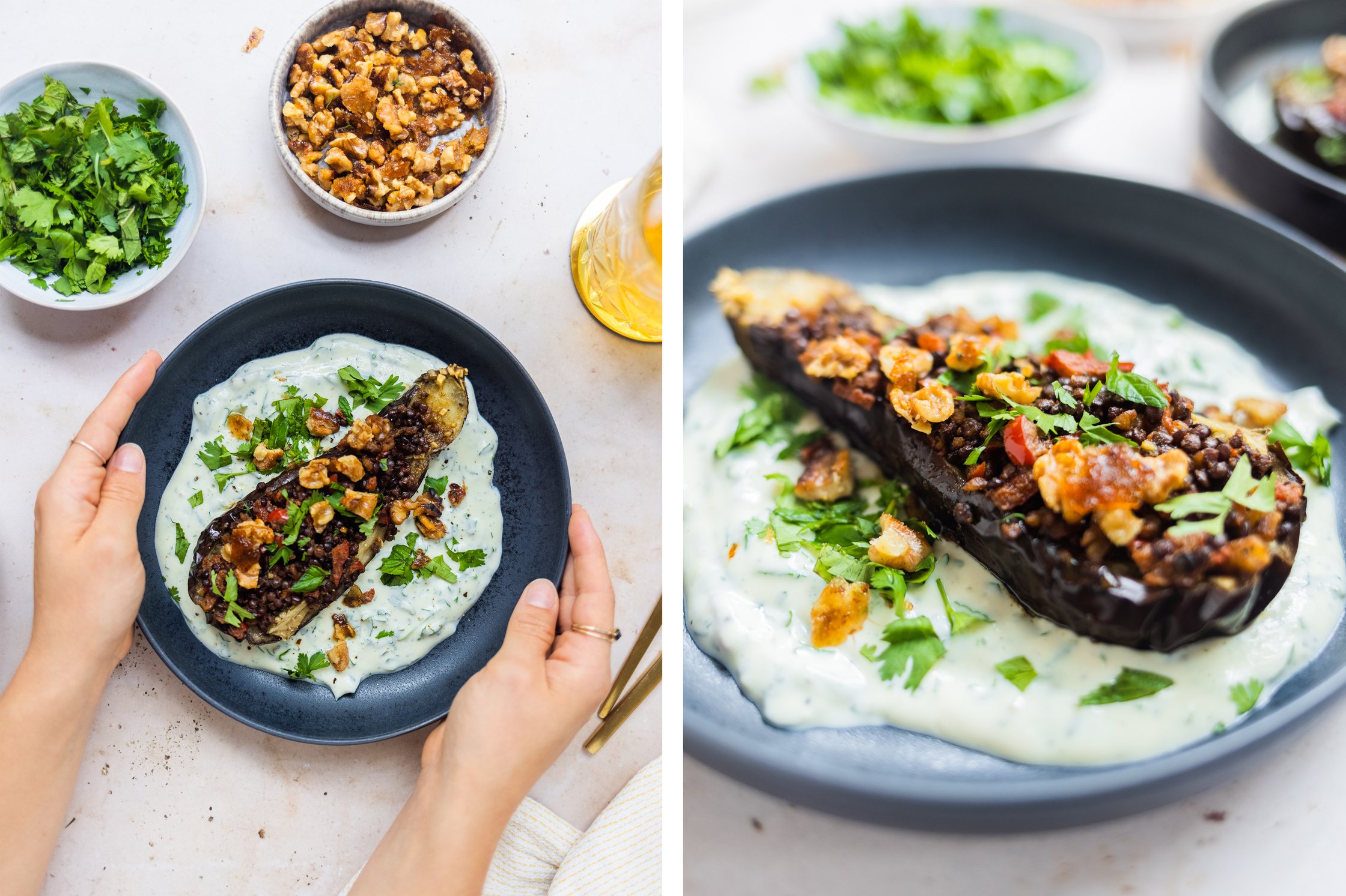 Gefüllte Aubergine auf einem Teller mit veganem Joghurt, karamellisierte Walnüsse, Minze und Koriander