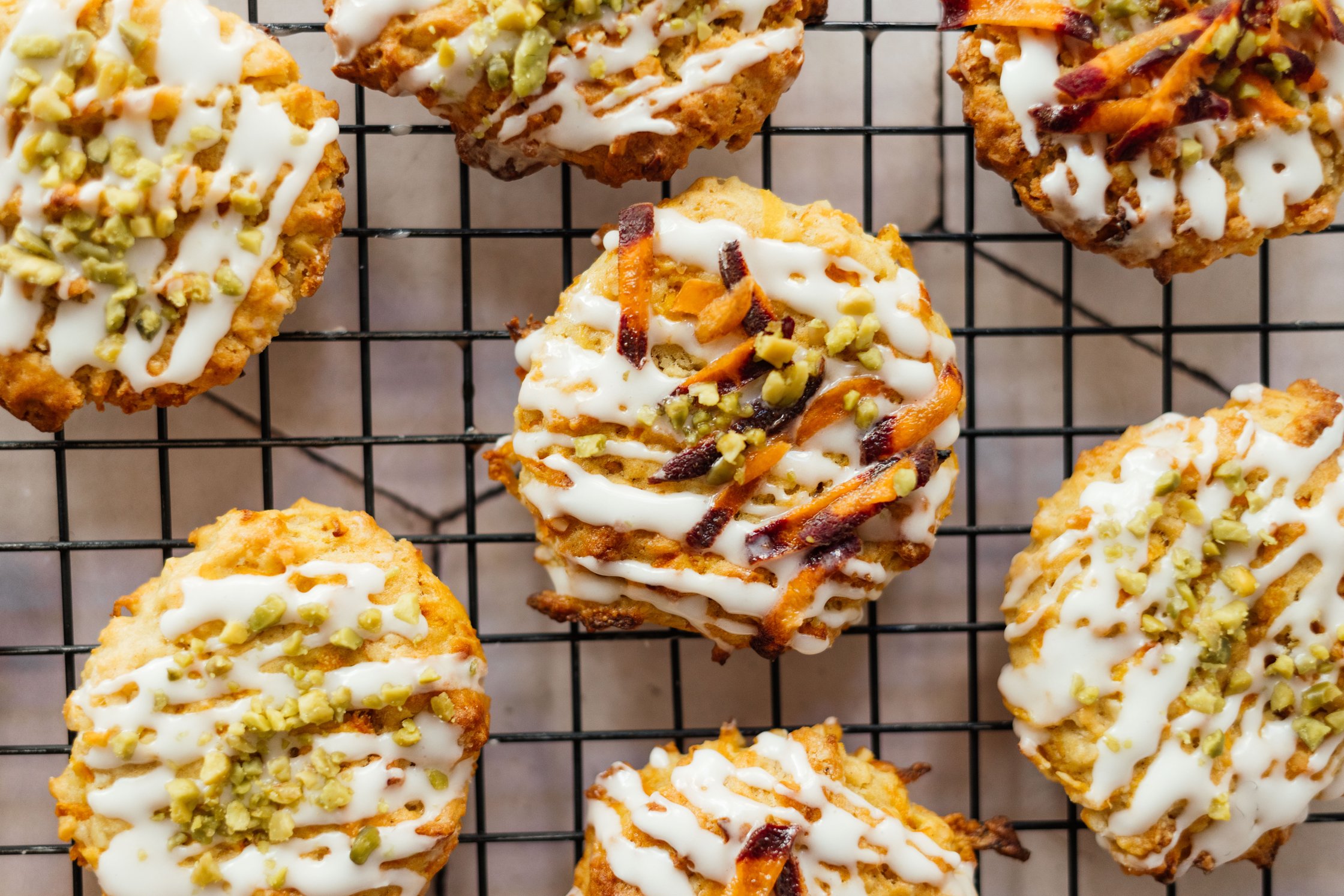vegan carrot cake cookies on a grid