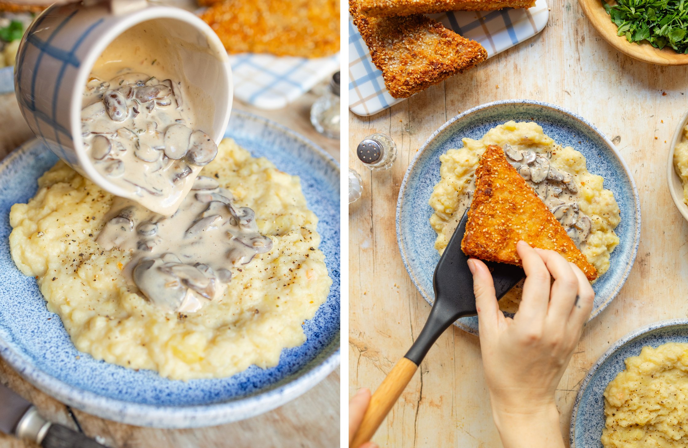 Pilzsoße und Schnitzel werden auf das Püree gegeben