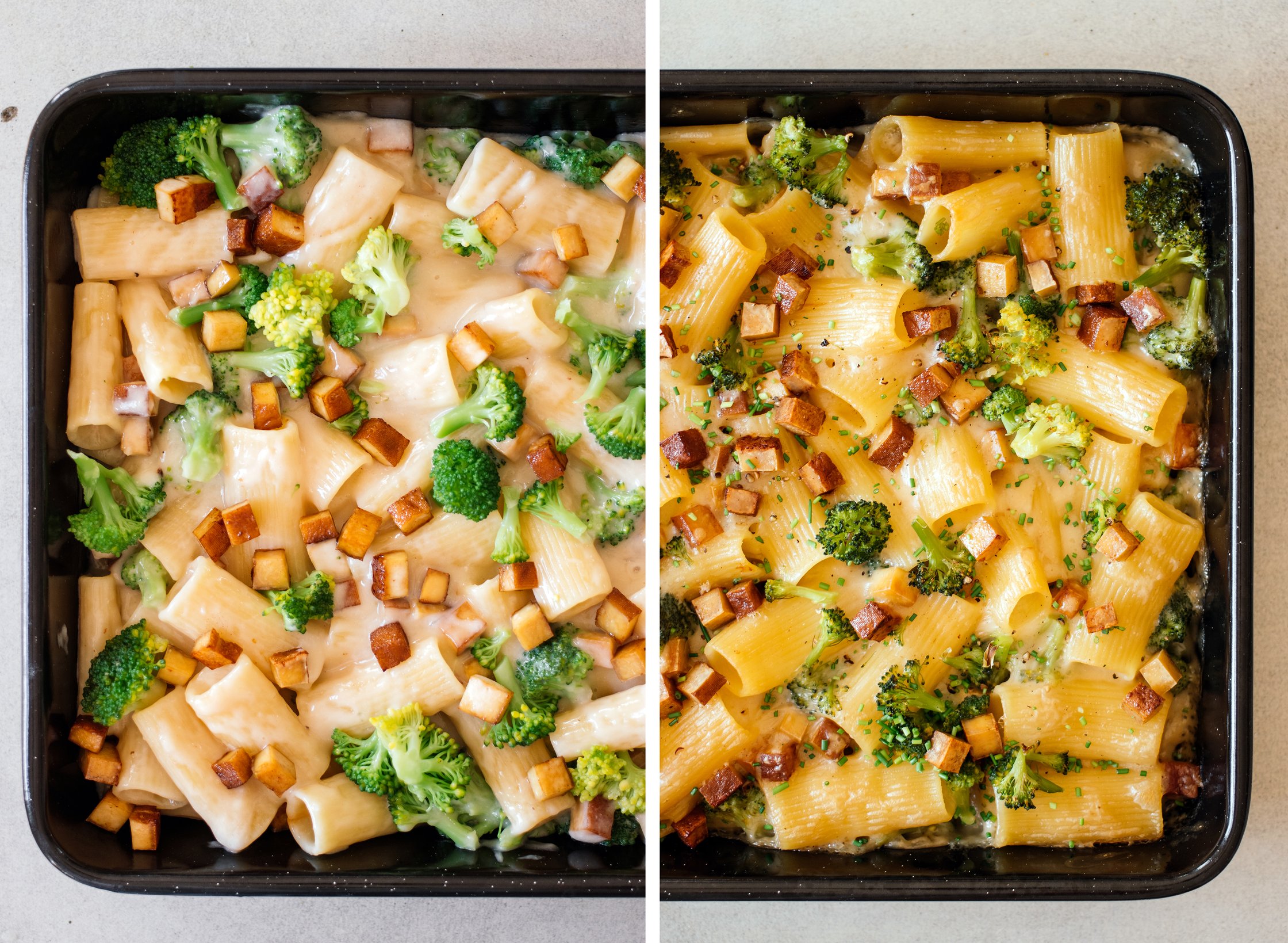 Vegan Baked Pasta with Smoked Tofu and Broccoli before and after baking