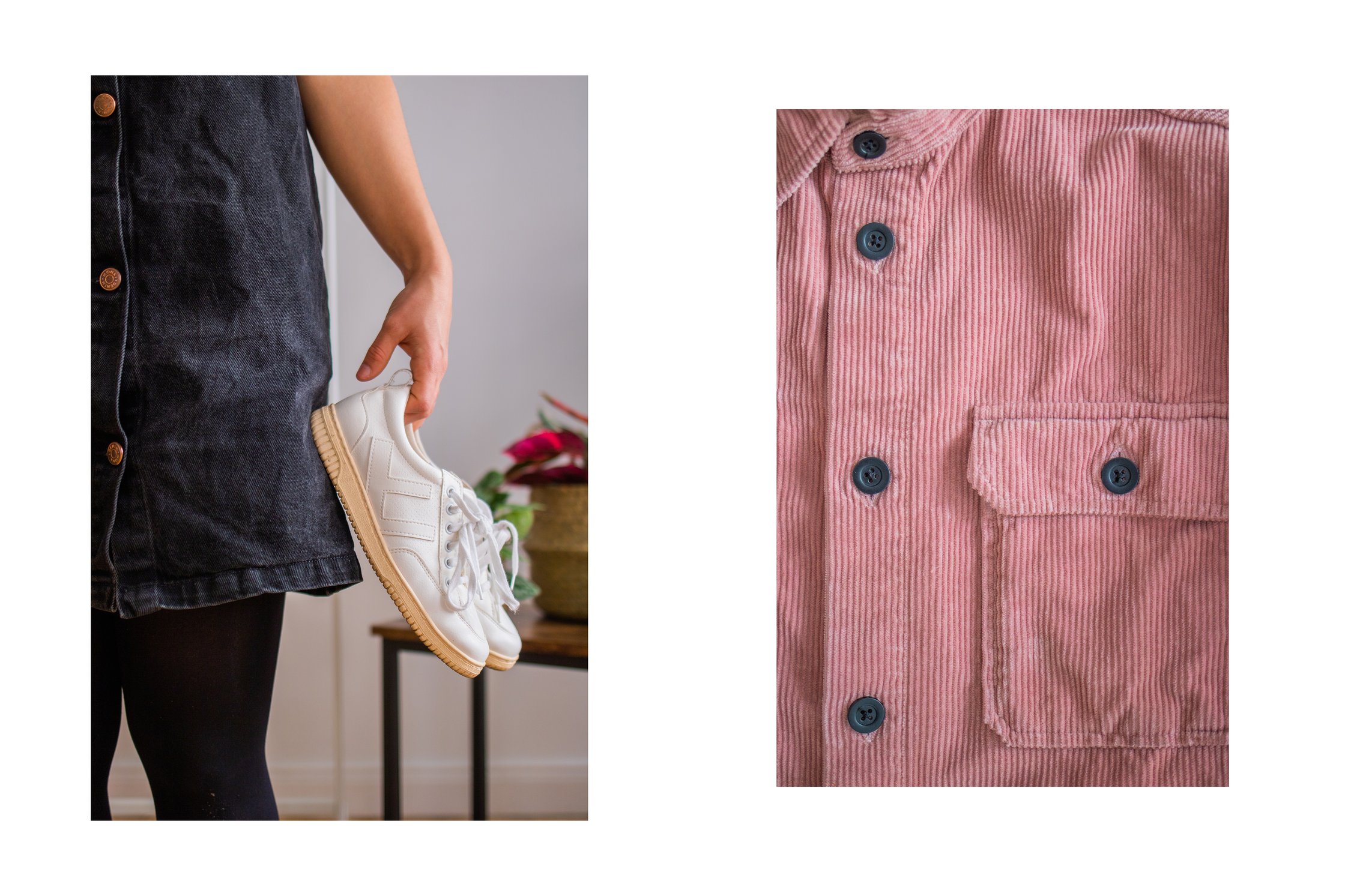 Vegane Schuhe in Hand, pinke, vegane Jacke mit schwarzen Knöpfen