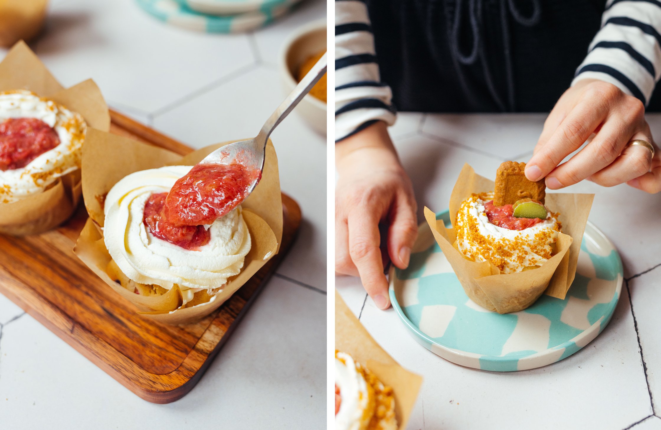 the baked muffins are decorated with rhubarb compote and vegan cream