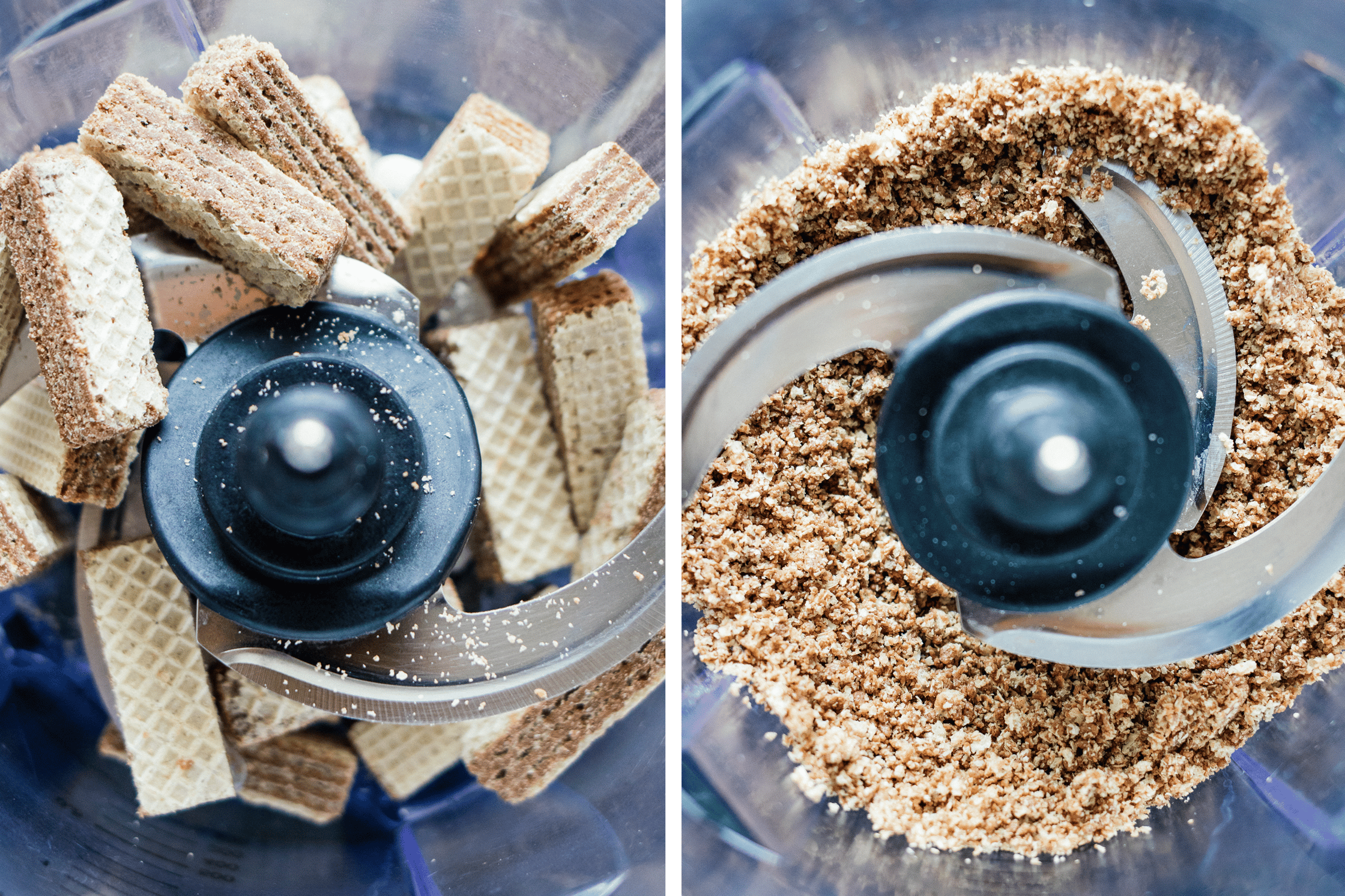 Manner Waffeln werden in einem Mixer zerkleinert