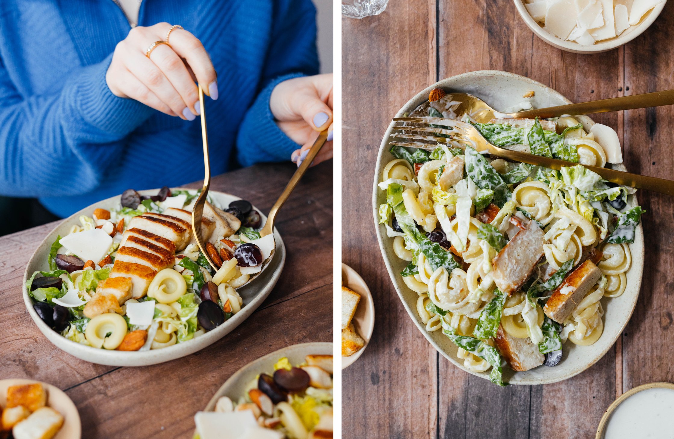 vegane Caesar Salad Pasta wird am Tisch gegessen