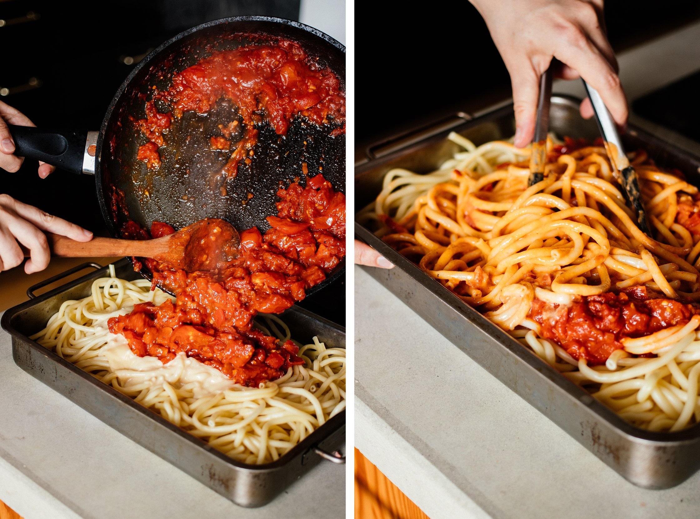 tossing pasta in sauces for vegan macaron pie