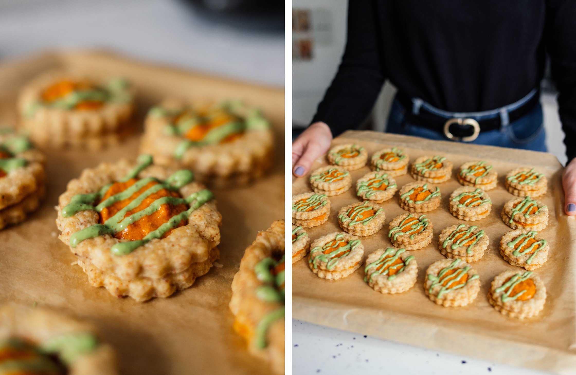 savory vegan Linzer Cookies with pesto and basil cream