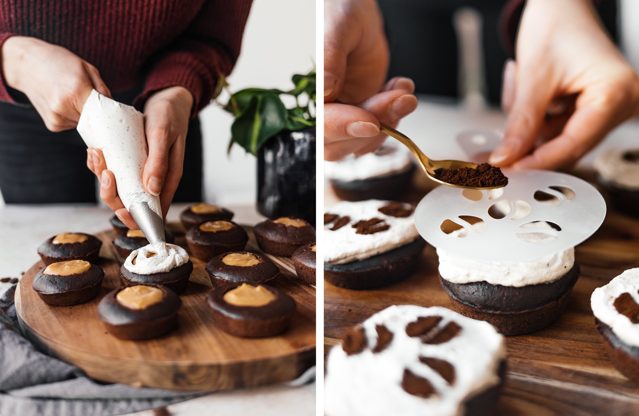 vegane Sahne auf Muffins verteilen und mit Kaffeepulver dekorieren
