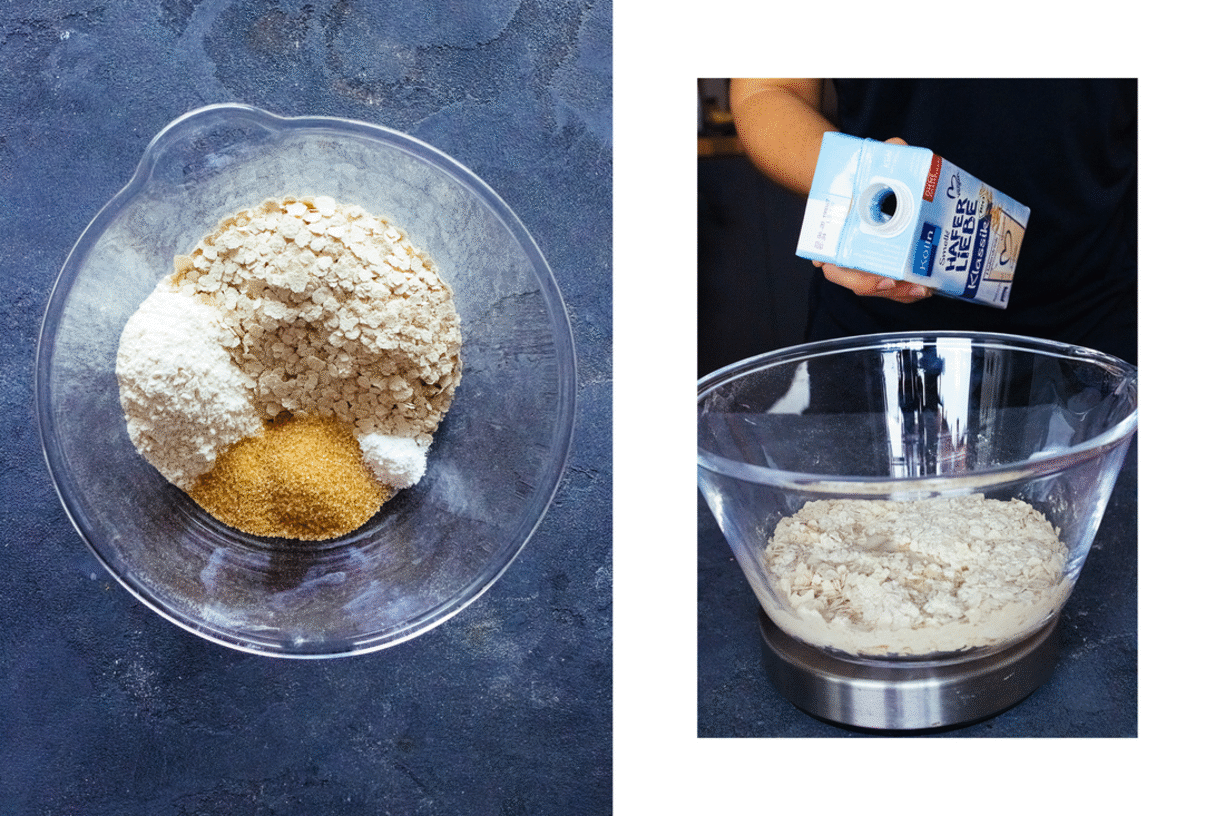 adding oat milk to the vegan waffle dough