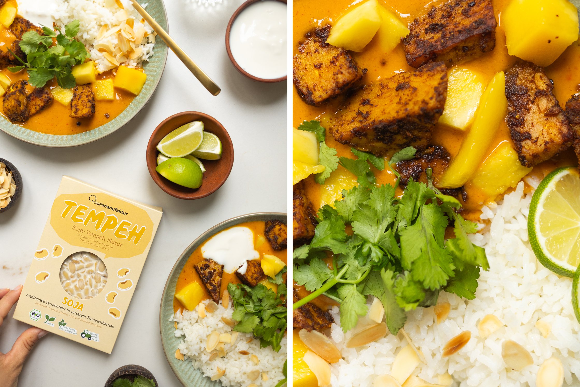 vegan mango curry with tempeh, limes and rice