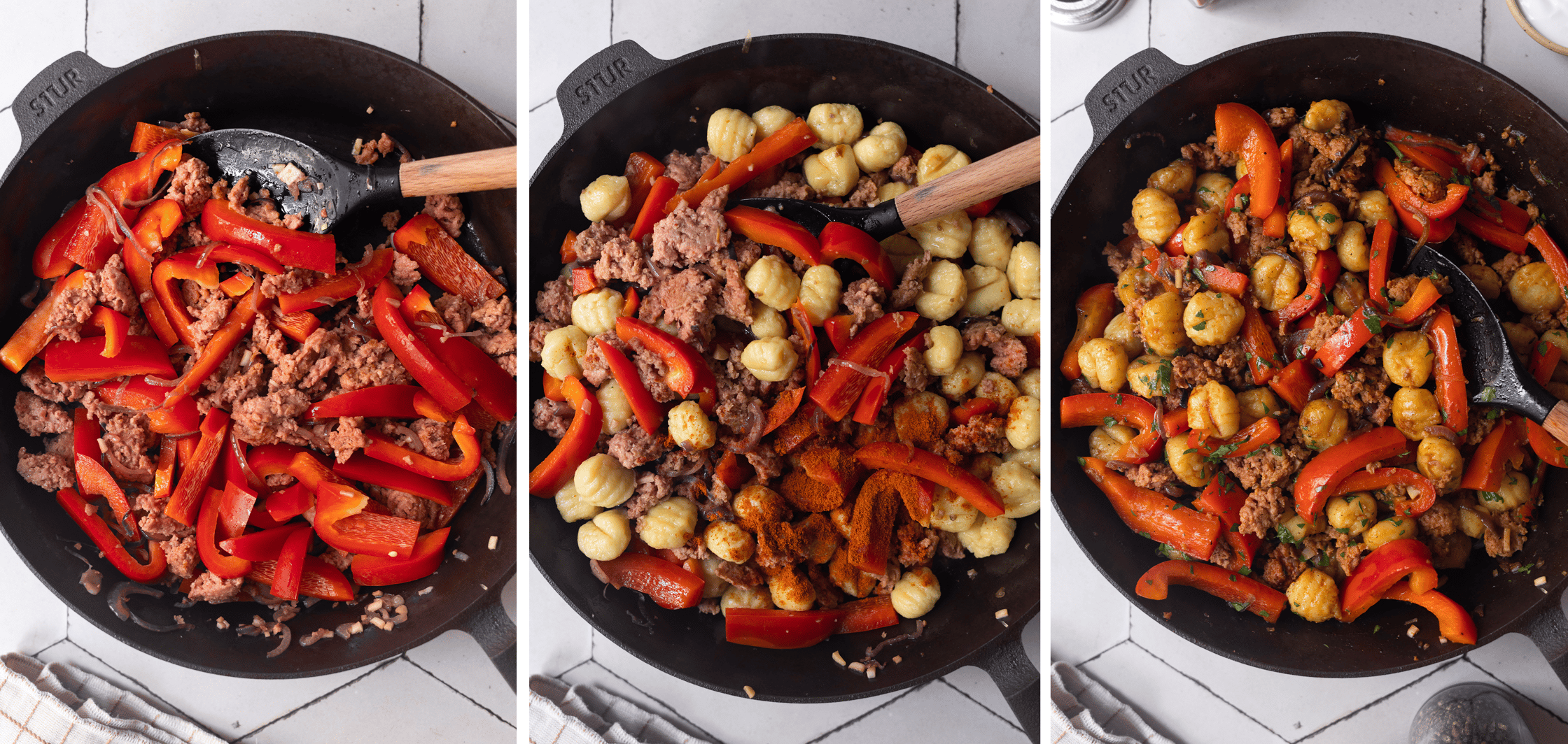 veganes Hack mit Gnocchis vor und nach dem Braten