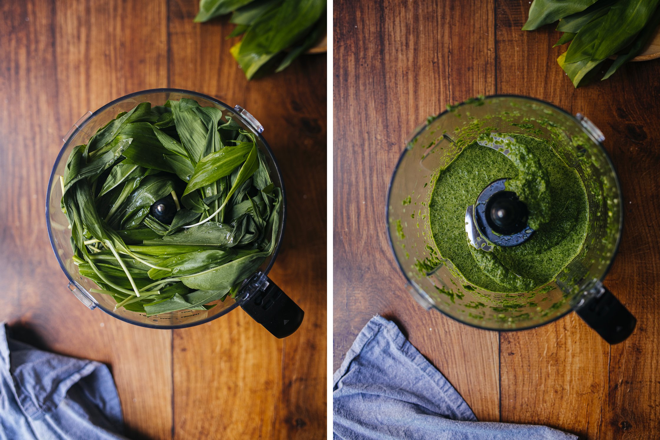 mixing wild garlic in a blender