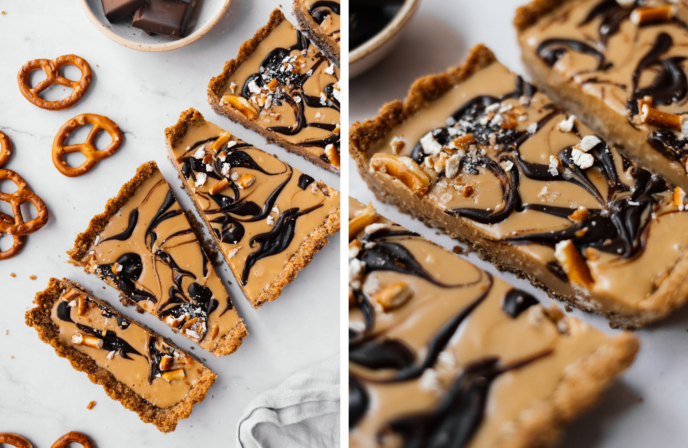 Vegane Brezel-Schokoladen-Tarte geschnitten; Nahaufnahme von veganer Brezel-Schokoladen-Tarte