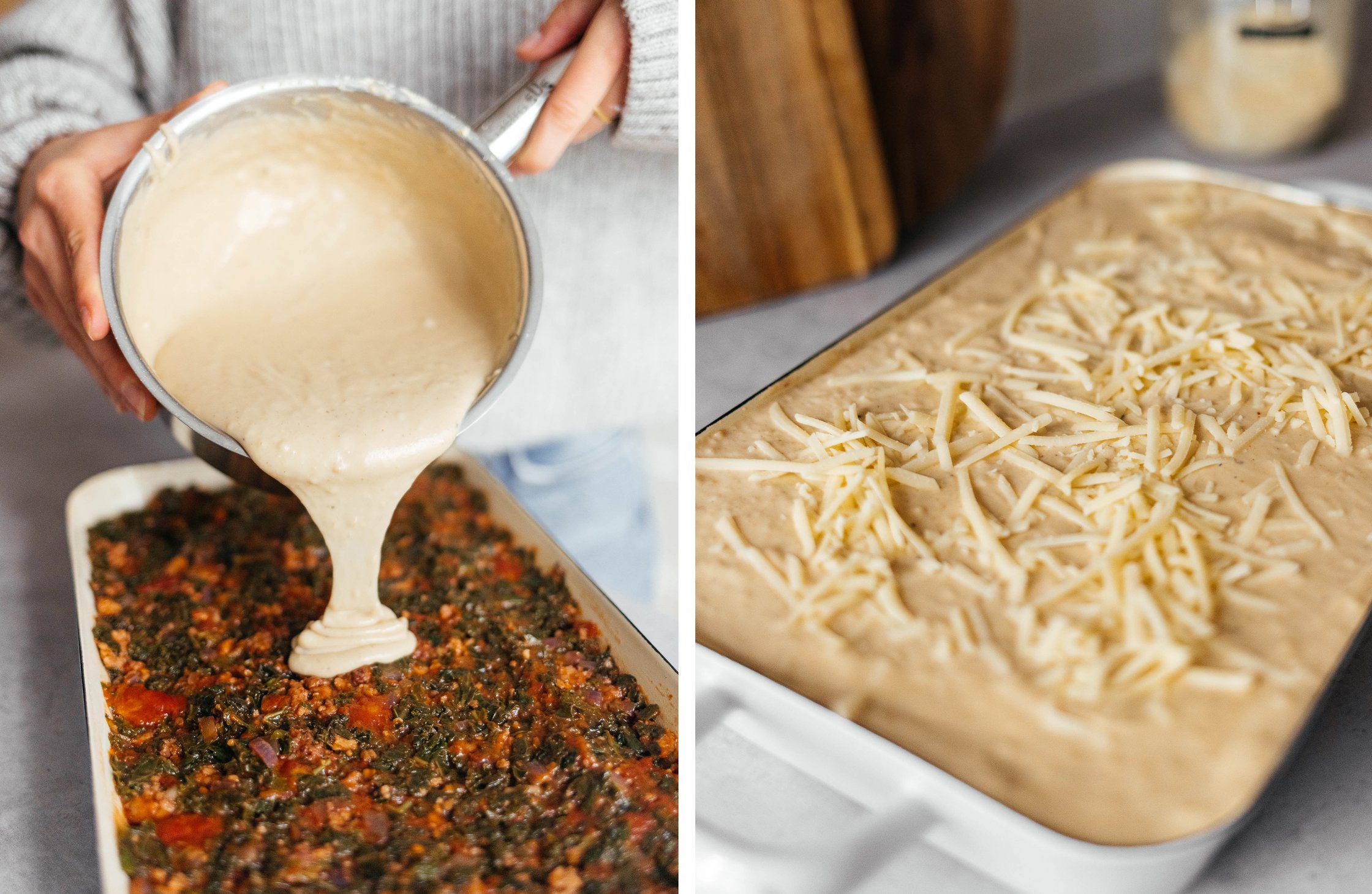 vegane Béchamelsoße auf dem Auflauf verteilen