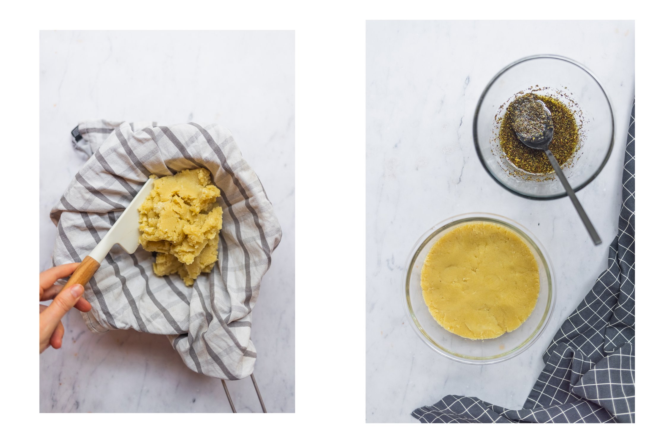 Nut mixture for the vegan feta cheese in a bowl with olive oil and herbs