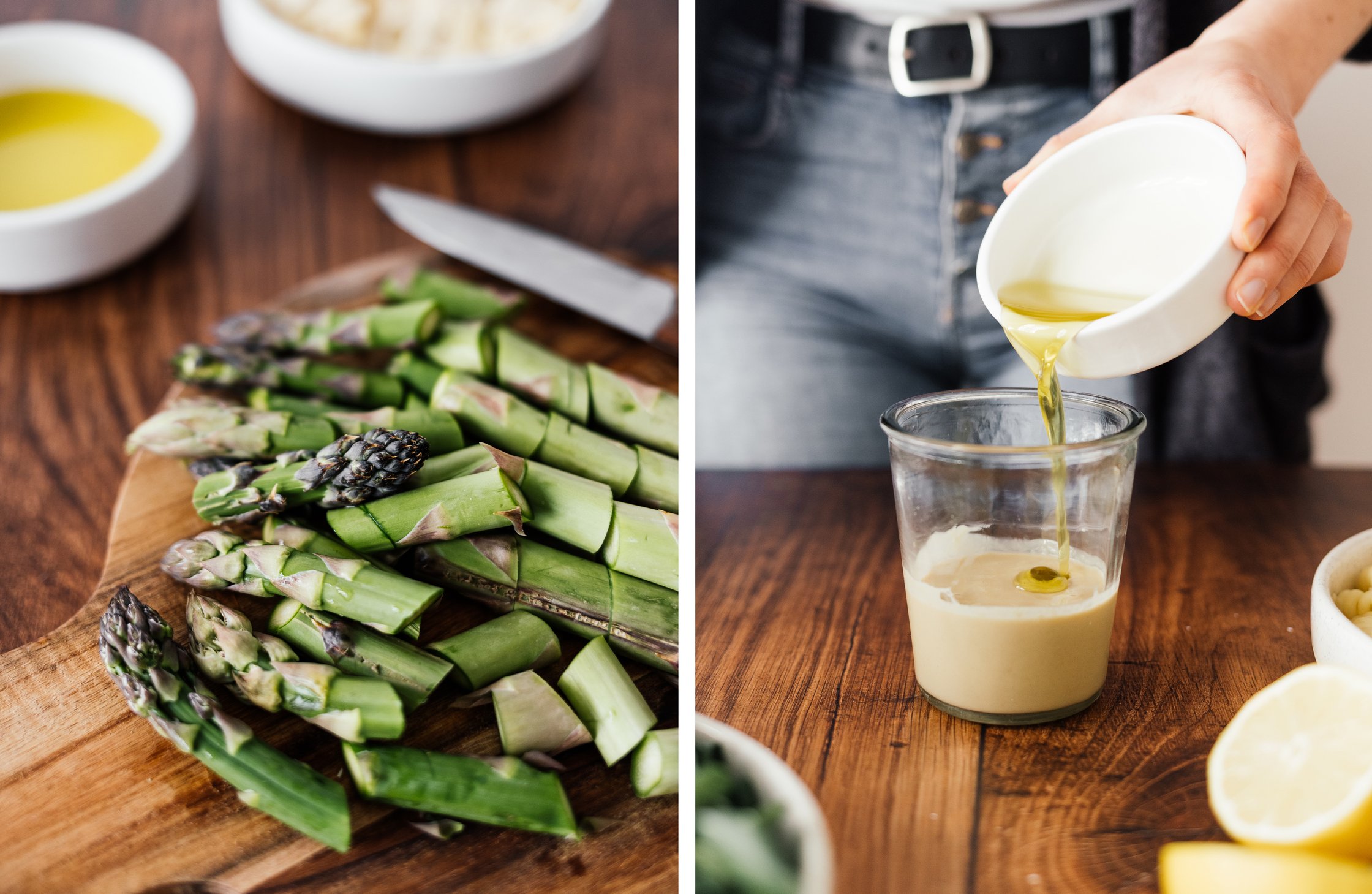 grüner Spargel geschnitten; Tahini-Dressing anrühren