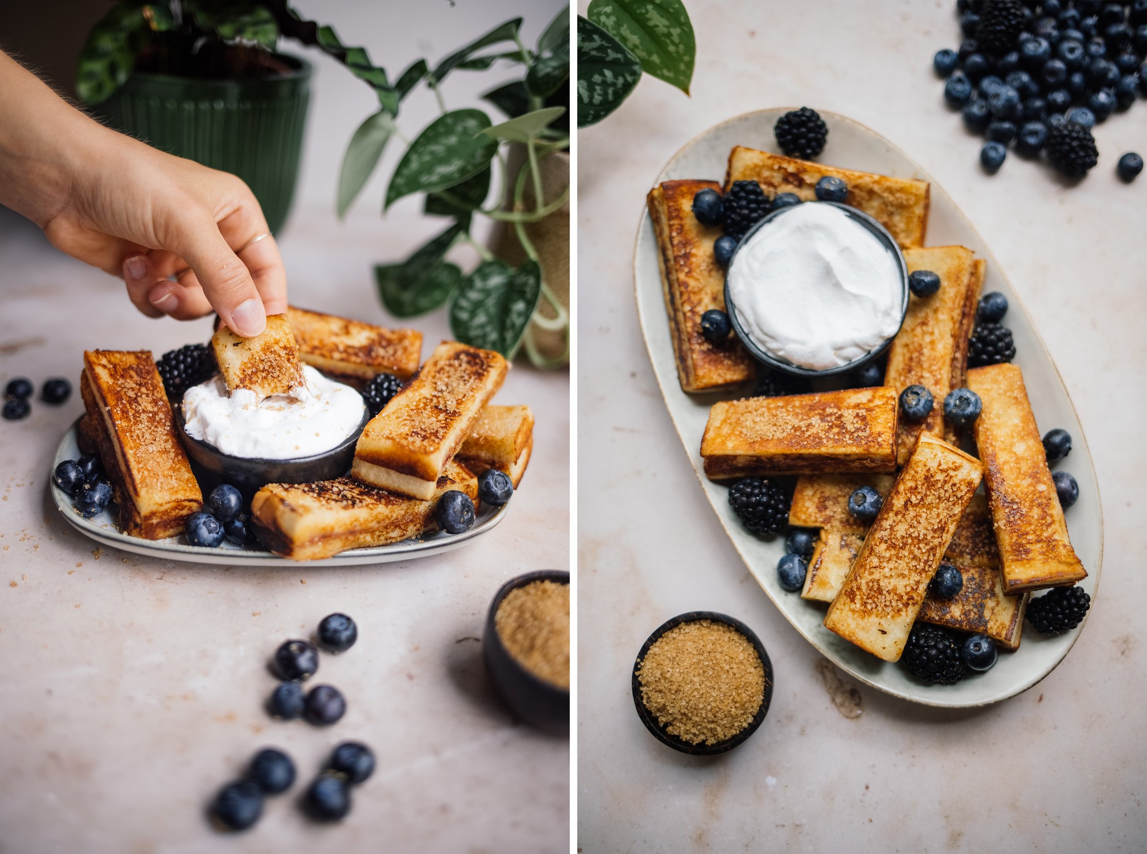 Vegane French Toast Sticks mit Erdnussbutter und Marmelade serviert mit beeren und schlagsahne