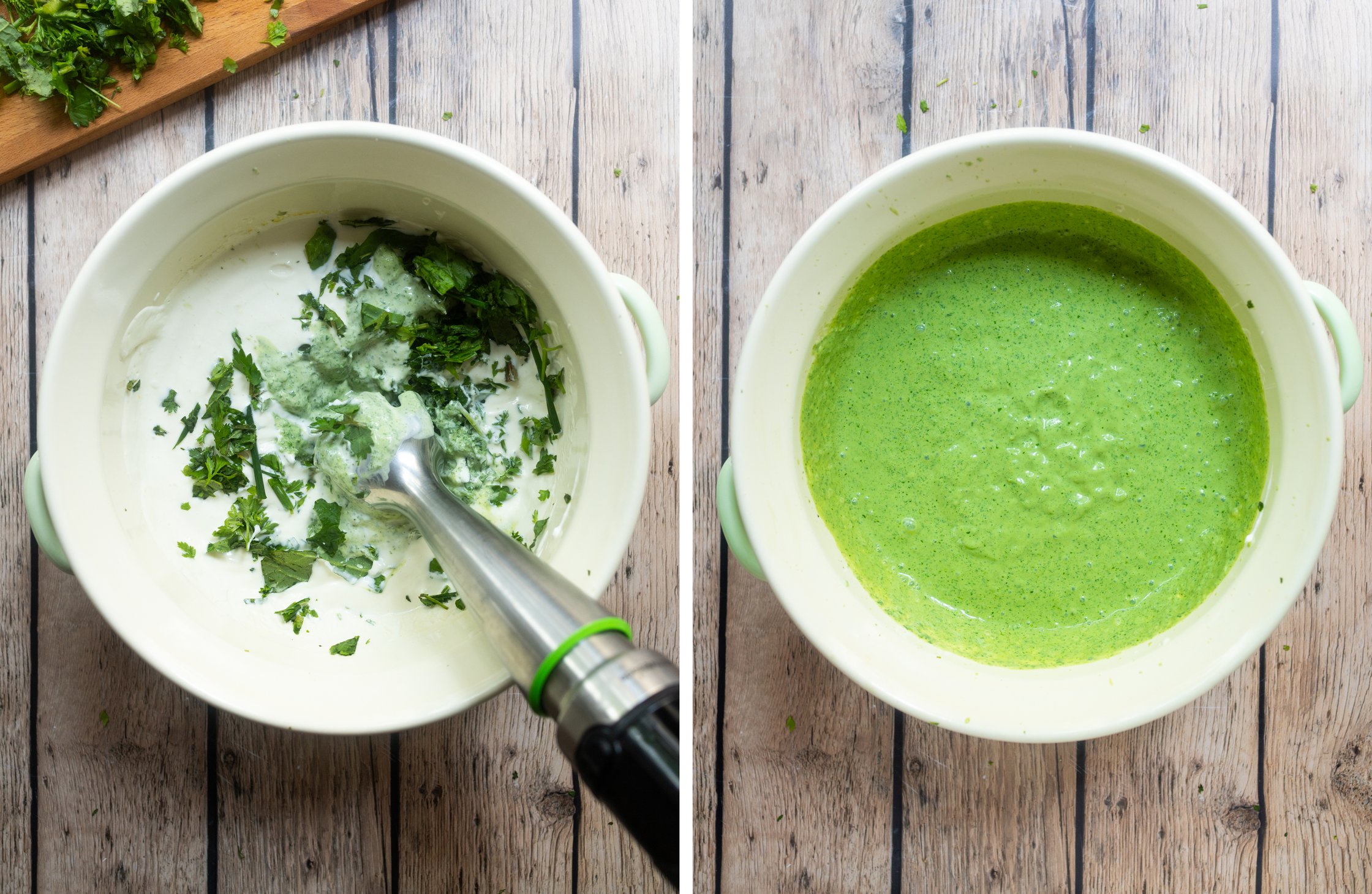 Vegane Grüne Soße wird gemixt in einer Schüssel, rechts gemixte Soße