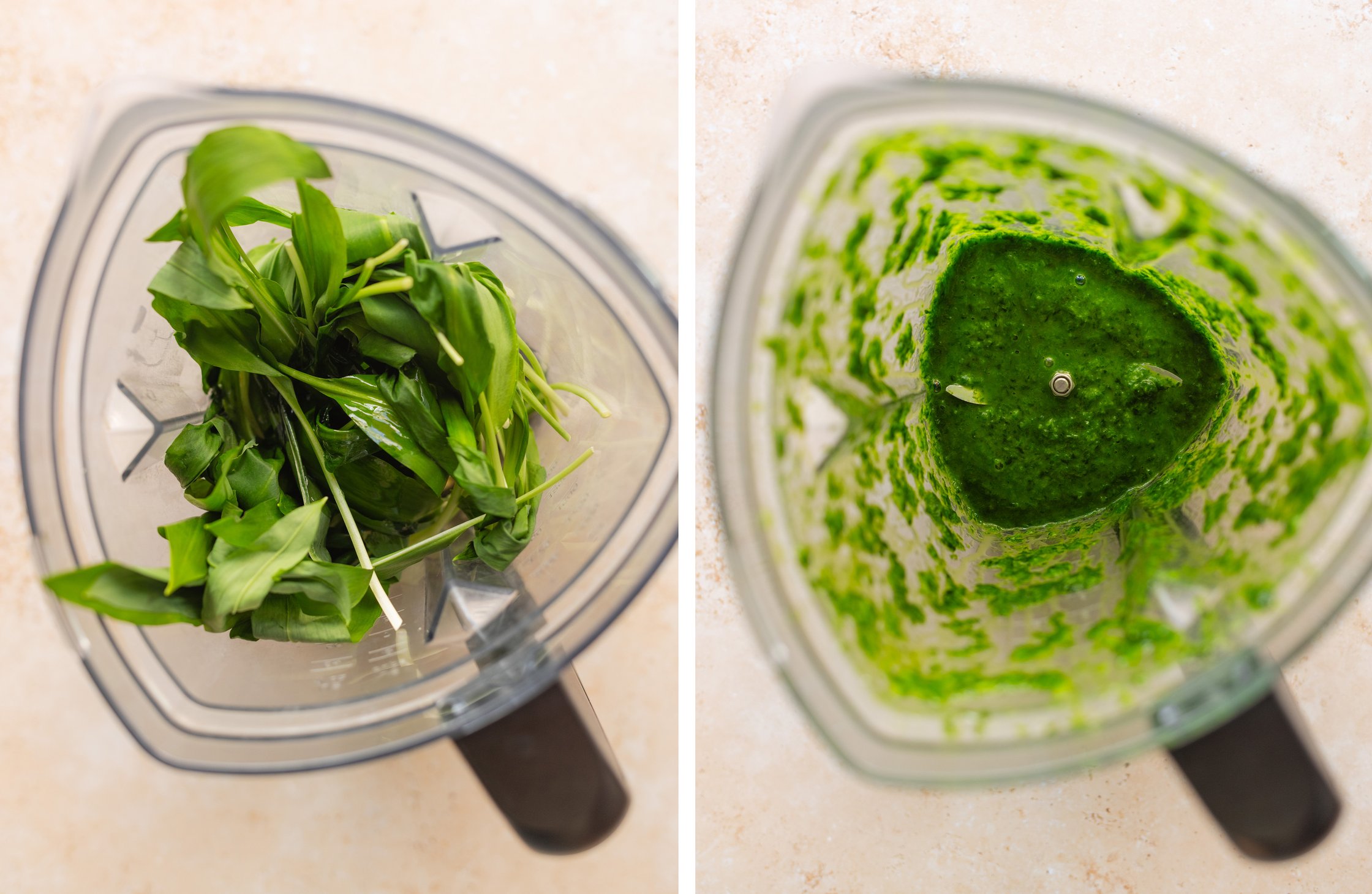 wild garlic is mixed in a blender to make wild garlic oil