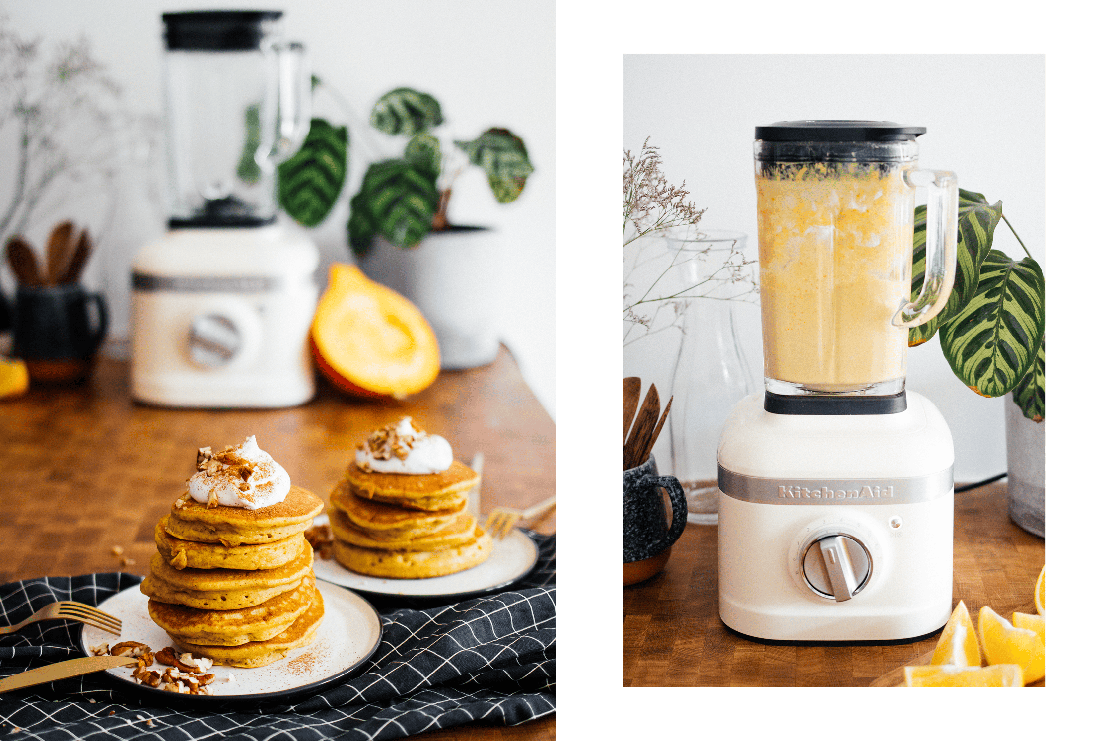 preparing vegan pumpkin pancakes in a blender