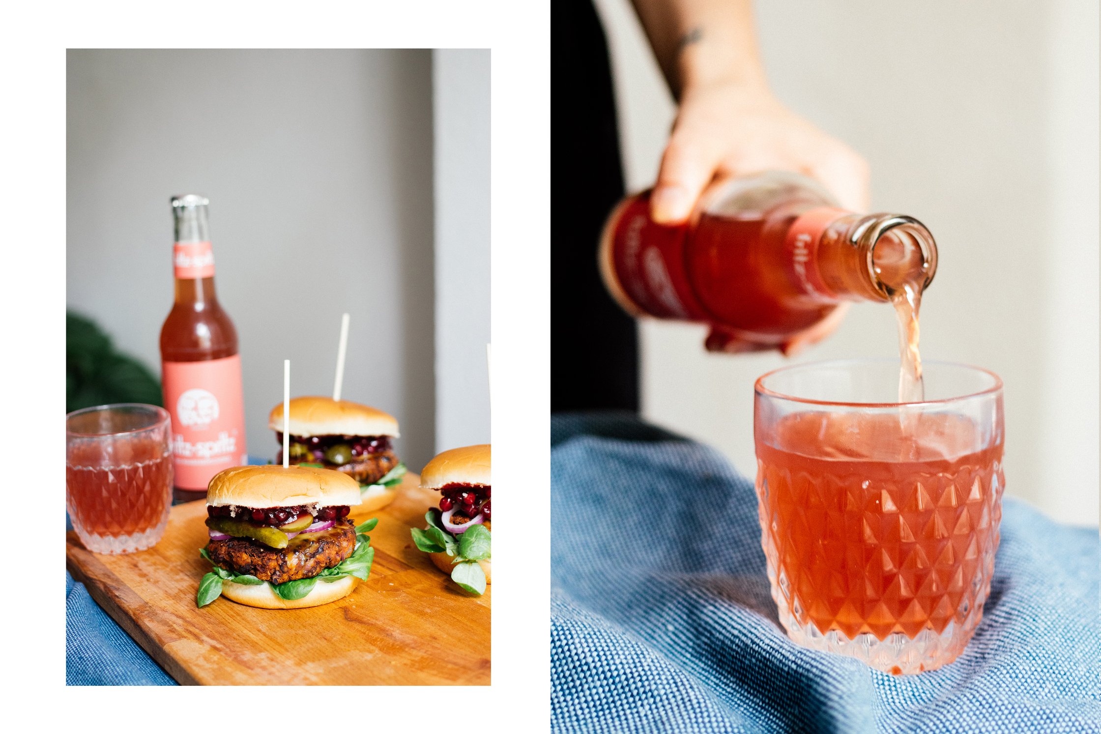 veganer Black-Bean-Burger neben Rhabarber-Schorle
