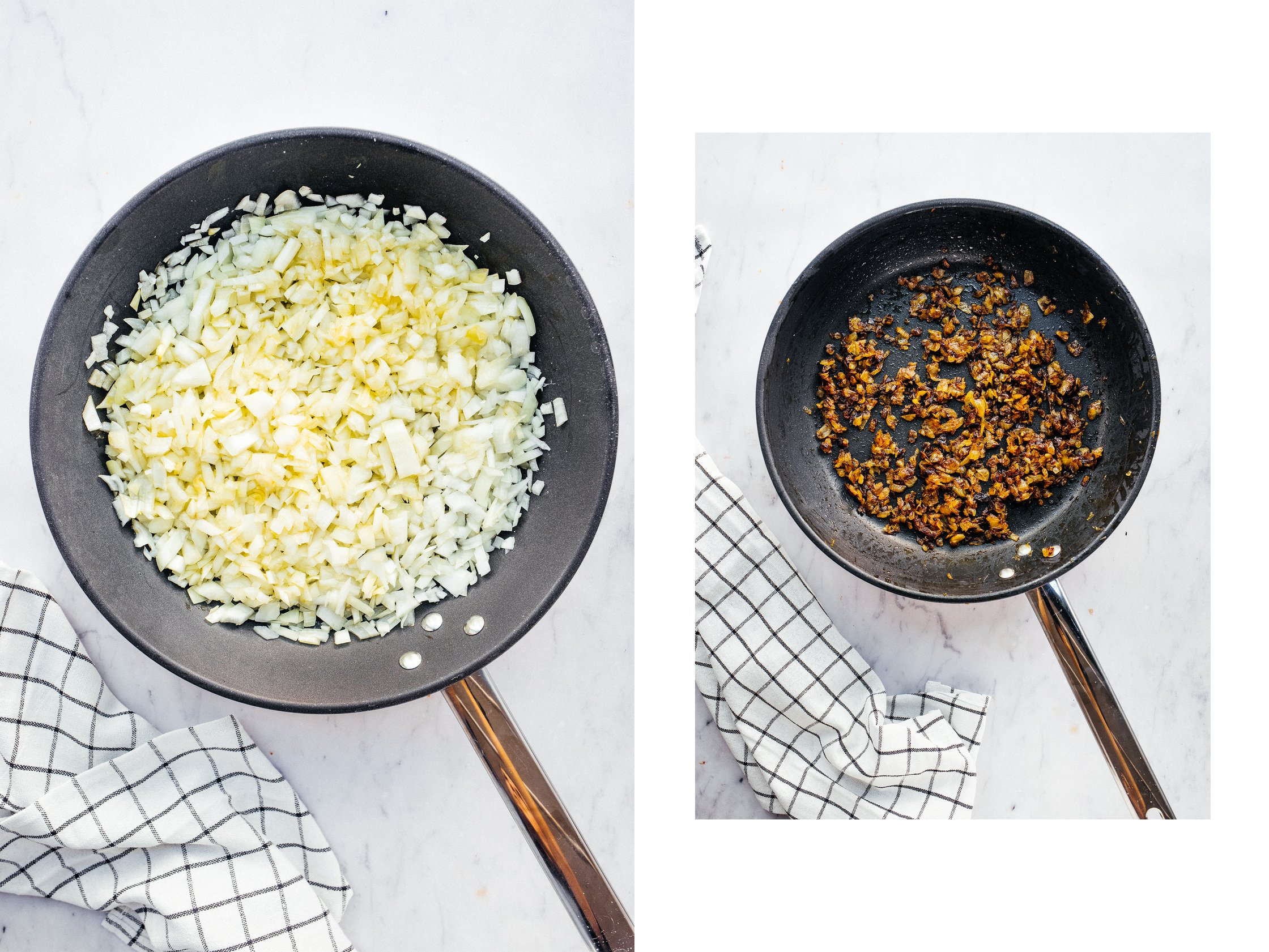 Zwiebeln vor und nach dem Braten